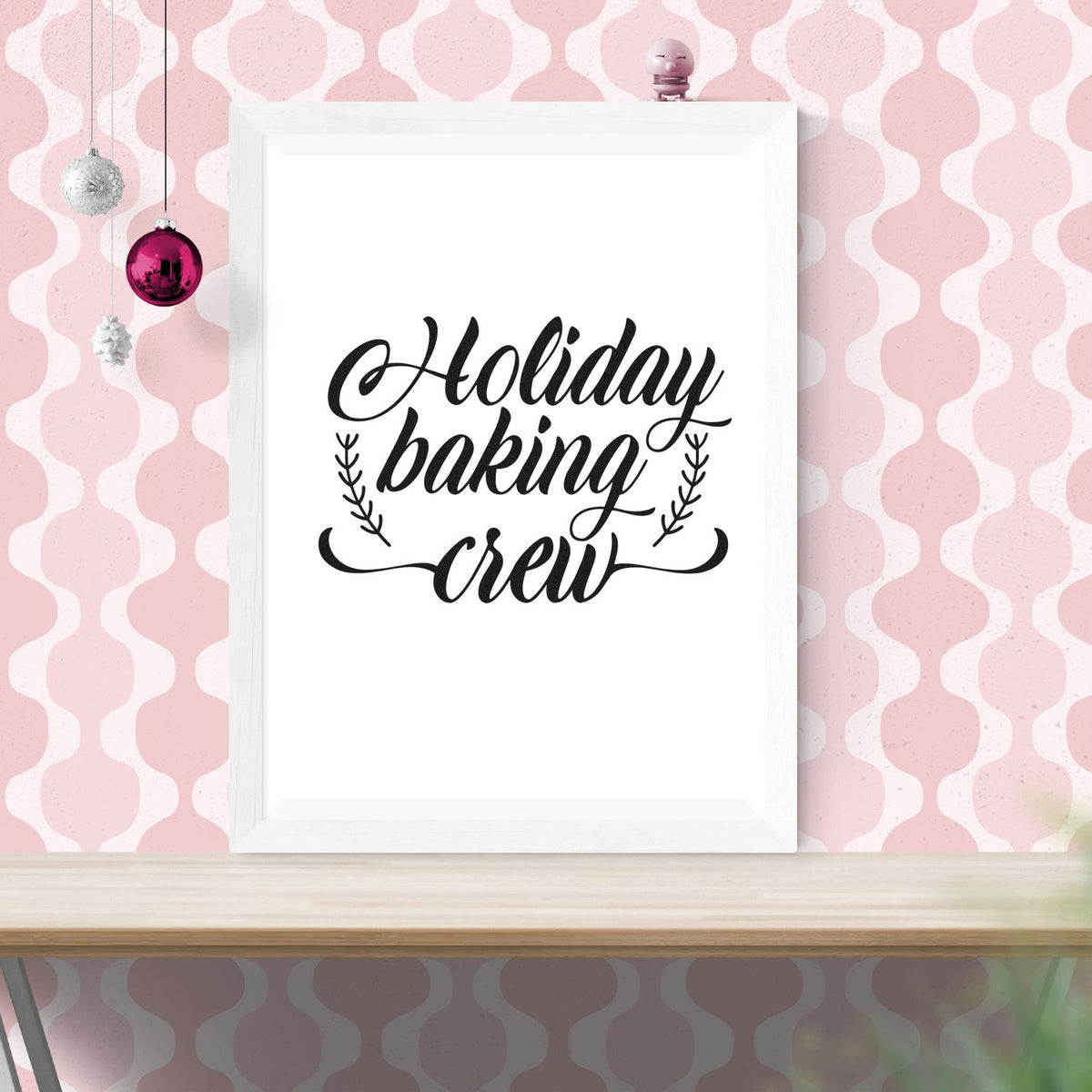 Holiday Baking Crew Sprigs Leaf Accents Premium Wooden Stamp - Vintage Pro imprint stamped in black ink. "Holiday Baking Crew" appears in script framed by fine leafy sprigs.