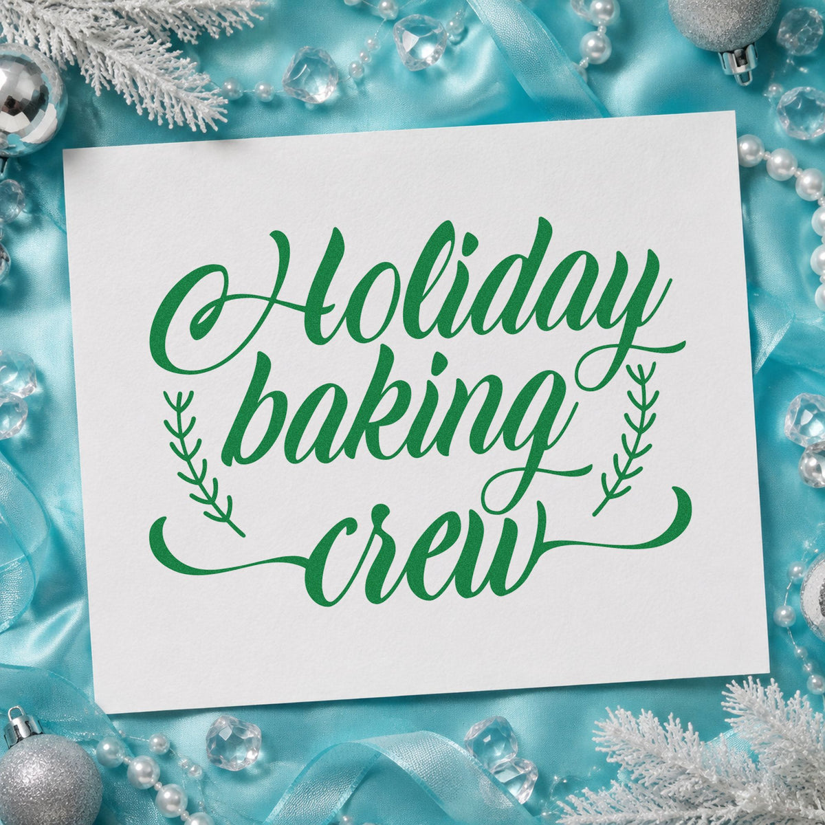 Holiday Baking Crew Sprigs craft stamp imprint in green ink on a handmade project, one idea being bakery box gift tags.