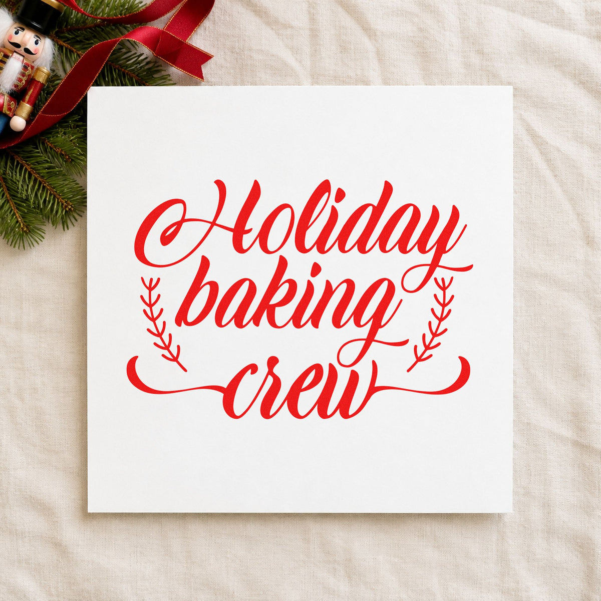 Holiday Baking Crew Sprigs rubber stamp shown in red ink, stamped for projects such as ingredient bin labels.