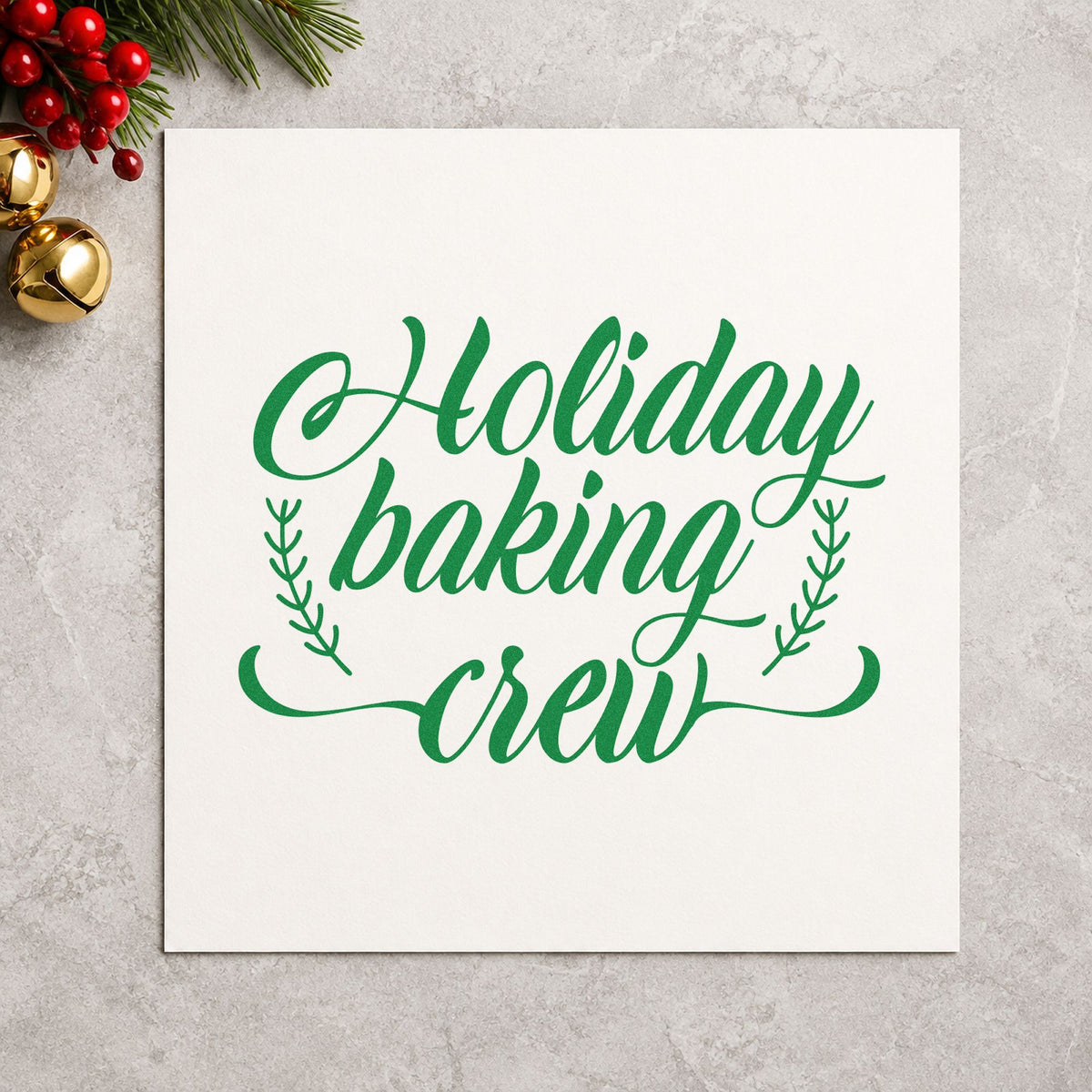 Holiday Baking Crew Sprigs craft stamp imprint in green ink on a handmade project, one idea being custom order slips.