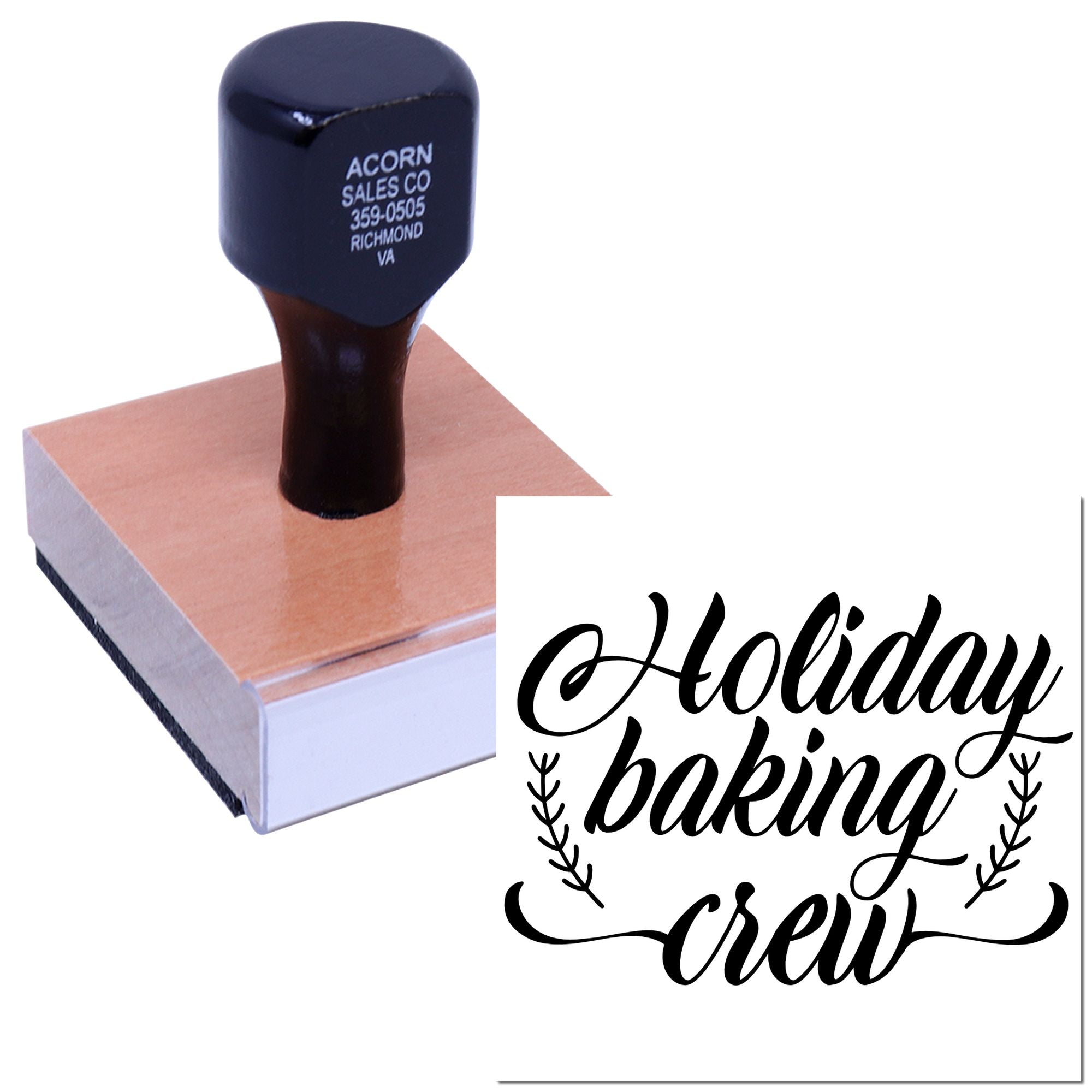 Custom Holiday Baking Crew rubber stamp for labeling baked goods, cards, and holiday gift packaging.
