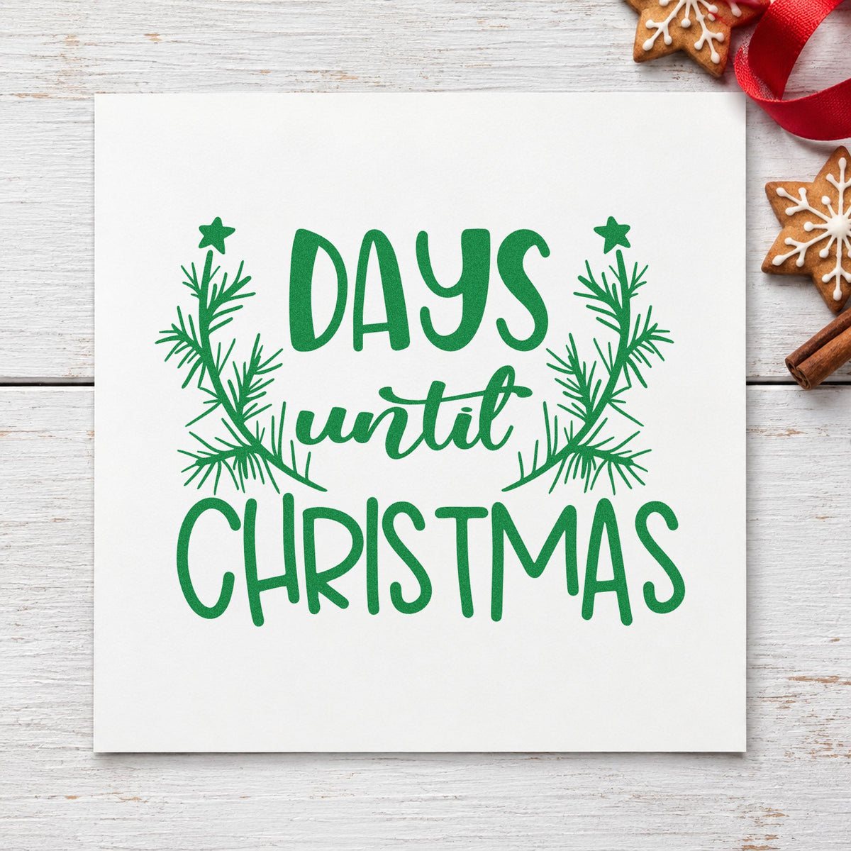 Days Until Christmas Branches craft stamp imprint in green ink on a handmade project, one idea being advent bag gift tags.