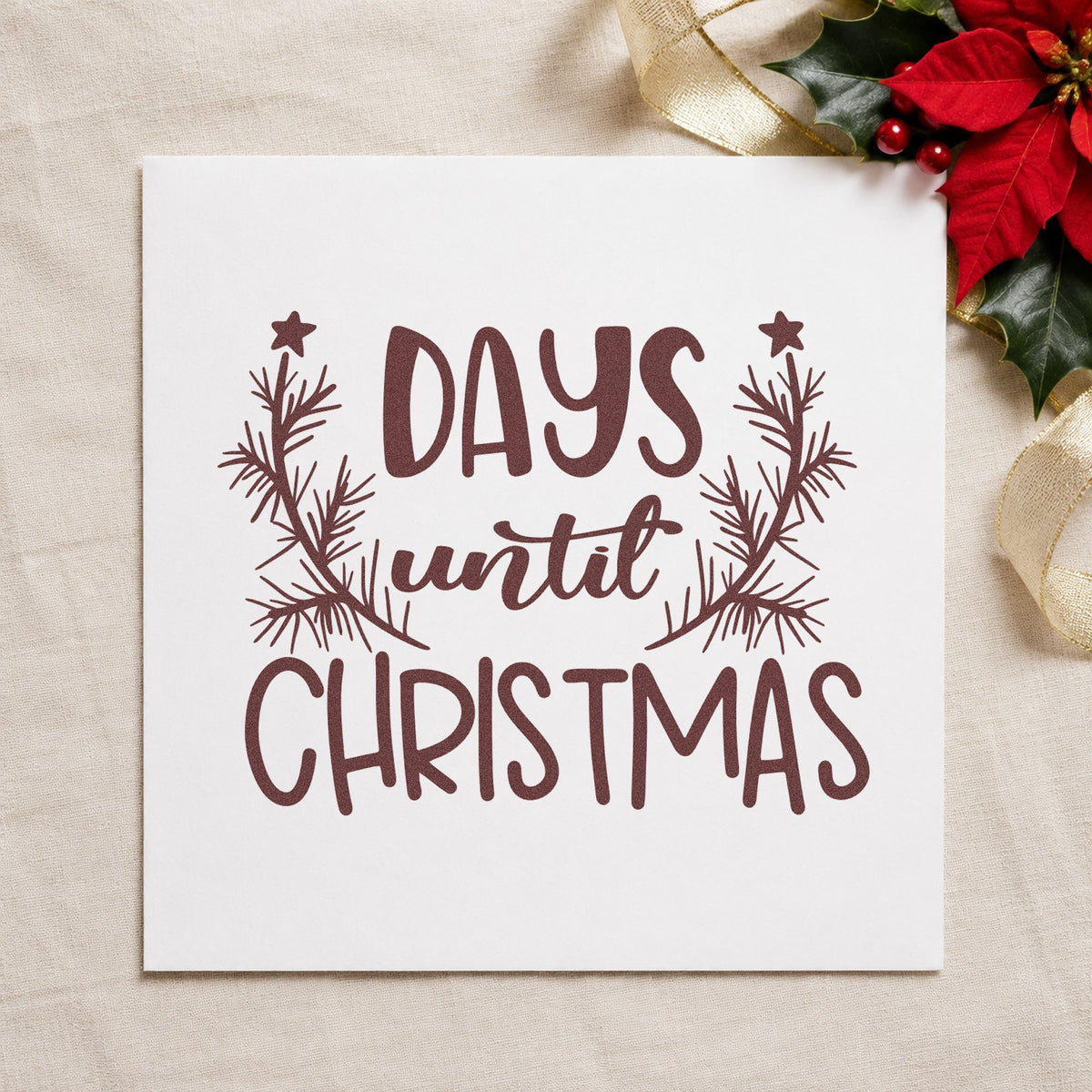 Days Until Christmas Branches rubber stamp printed in brown ink, ready for grid count sheet and similar paper crafts.