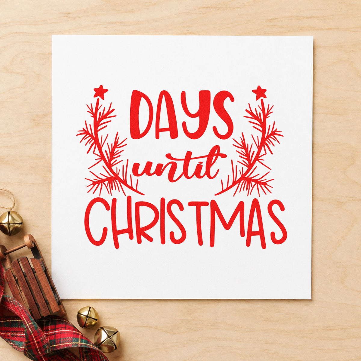 Days Until Christmas Branches rubber stamp shown in red ink, stamped for projects such as drawer set labels.
