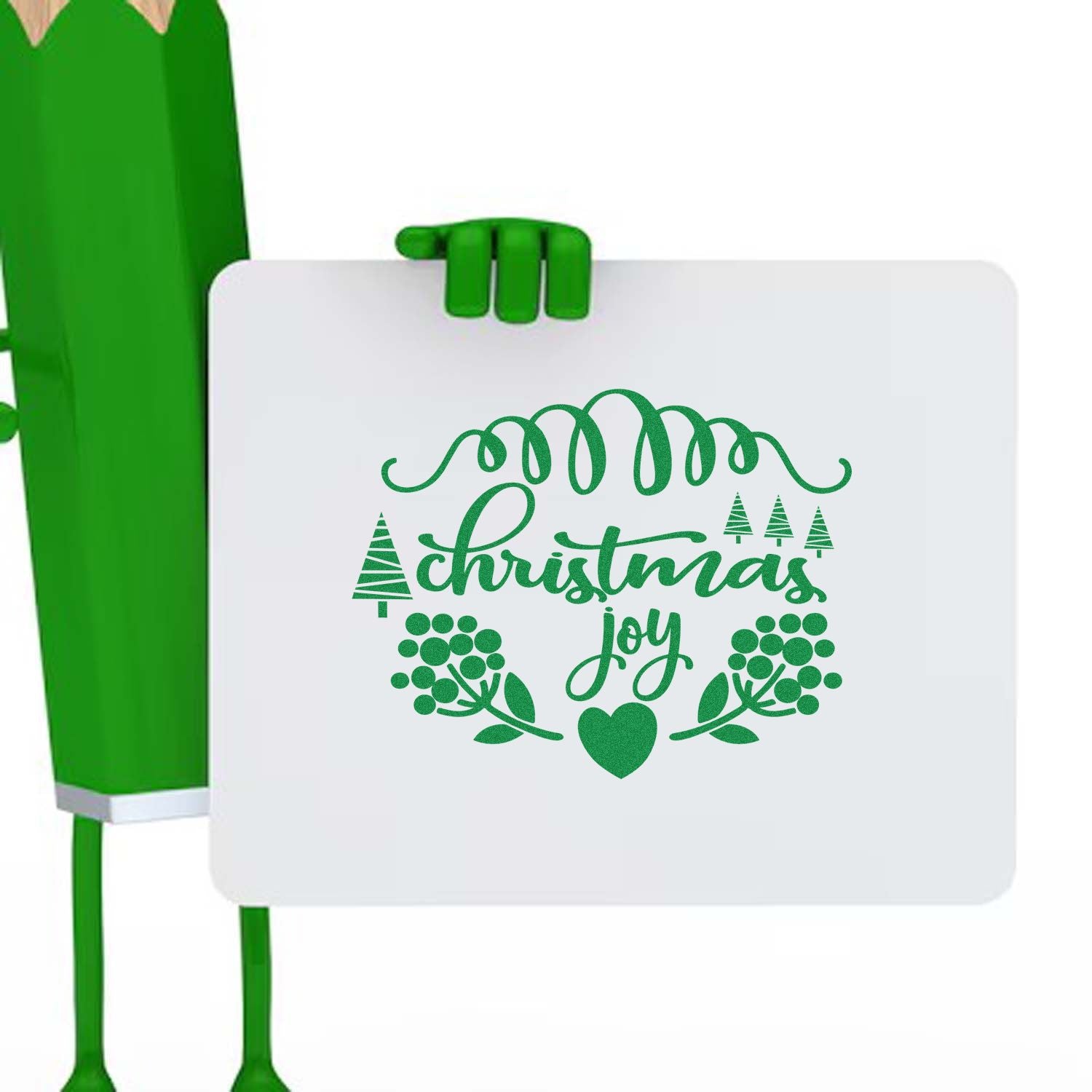 Christmas Joy rubber stamp design with festive trees, wreath and heart in green holiday lettering.