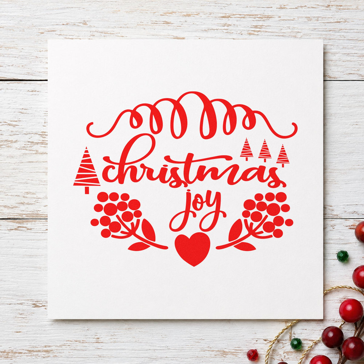 Christmas Joy Berry Frame craft stamp in red ink on cardstock, an easy option for sack face printing.
