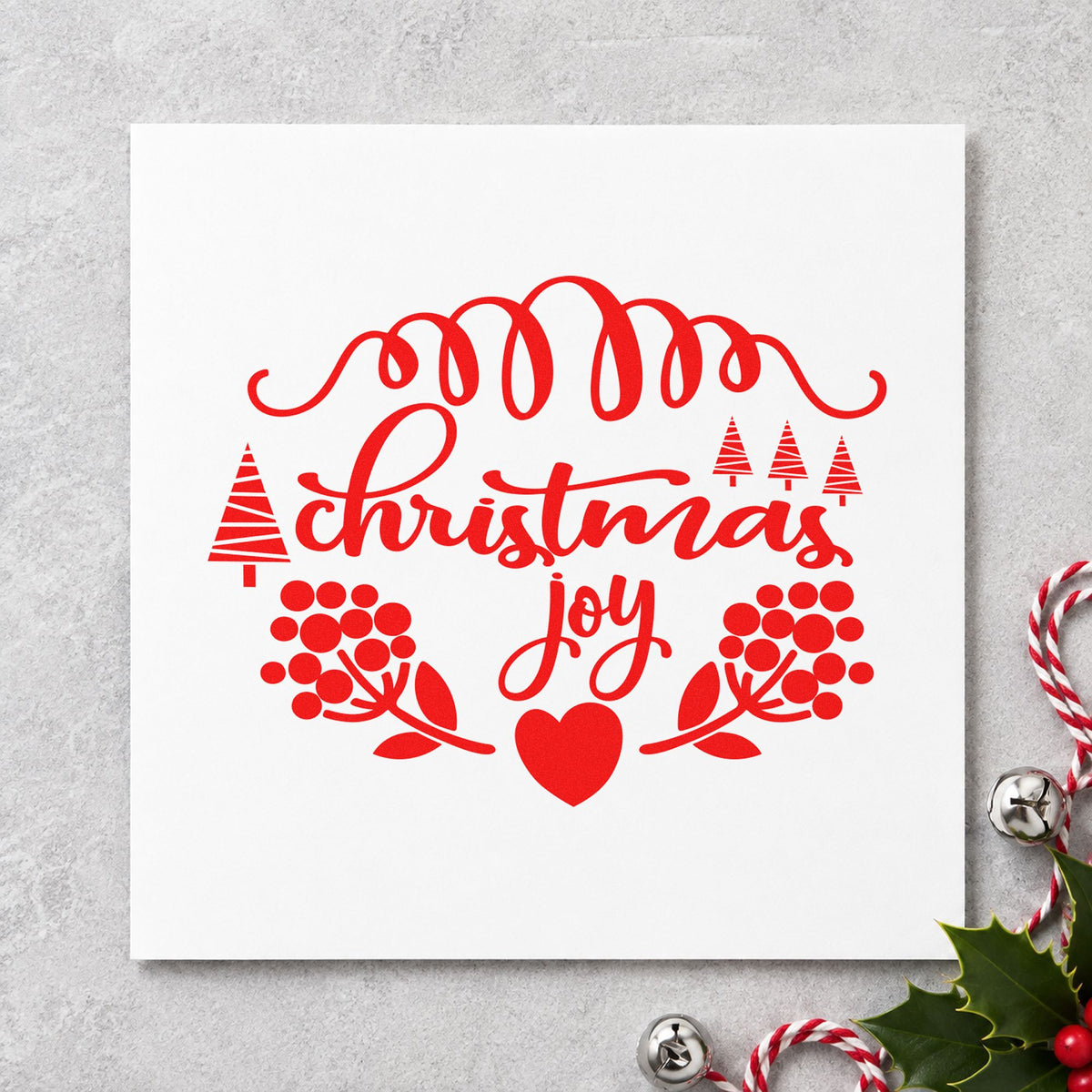 Christmas Joy Berry Frame rubber stamp shown in red ink, stamped for projects such as bucket rim labels.