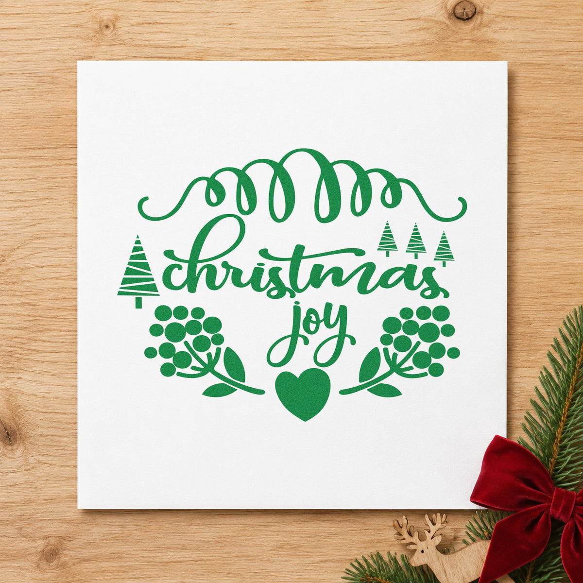 Christmas Joy Berry Frame craft stamp imprint in green ink on a handmade project, one idea being wreath class cards.