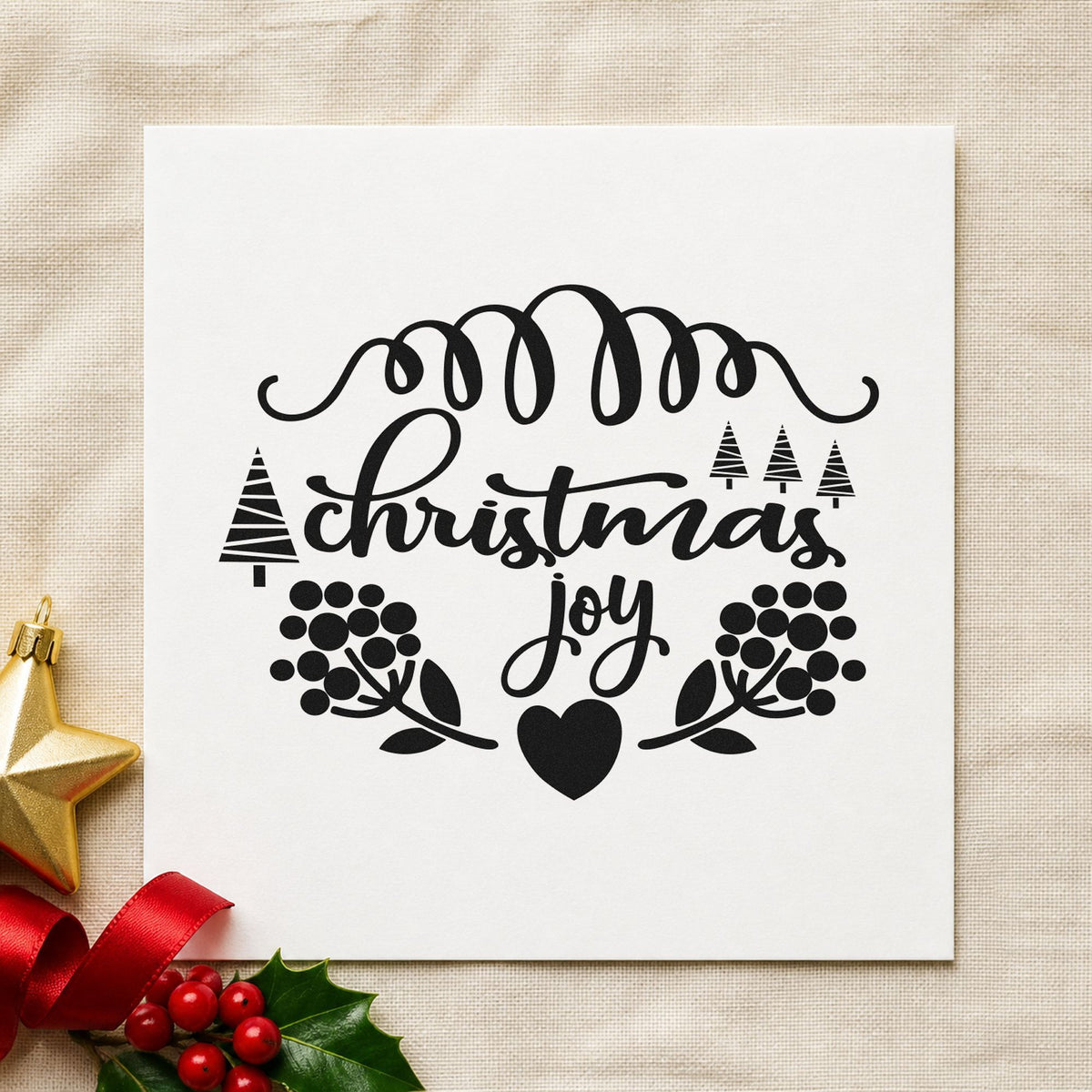 Christmas Joy Berry Frame rubber stamp printed in black ink, ready for berry branch cards and similar paper crafts.