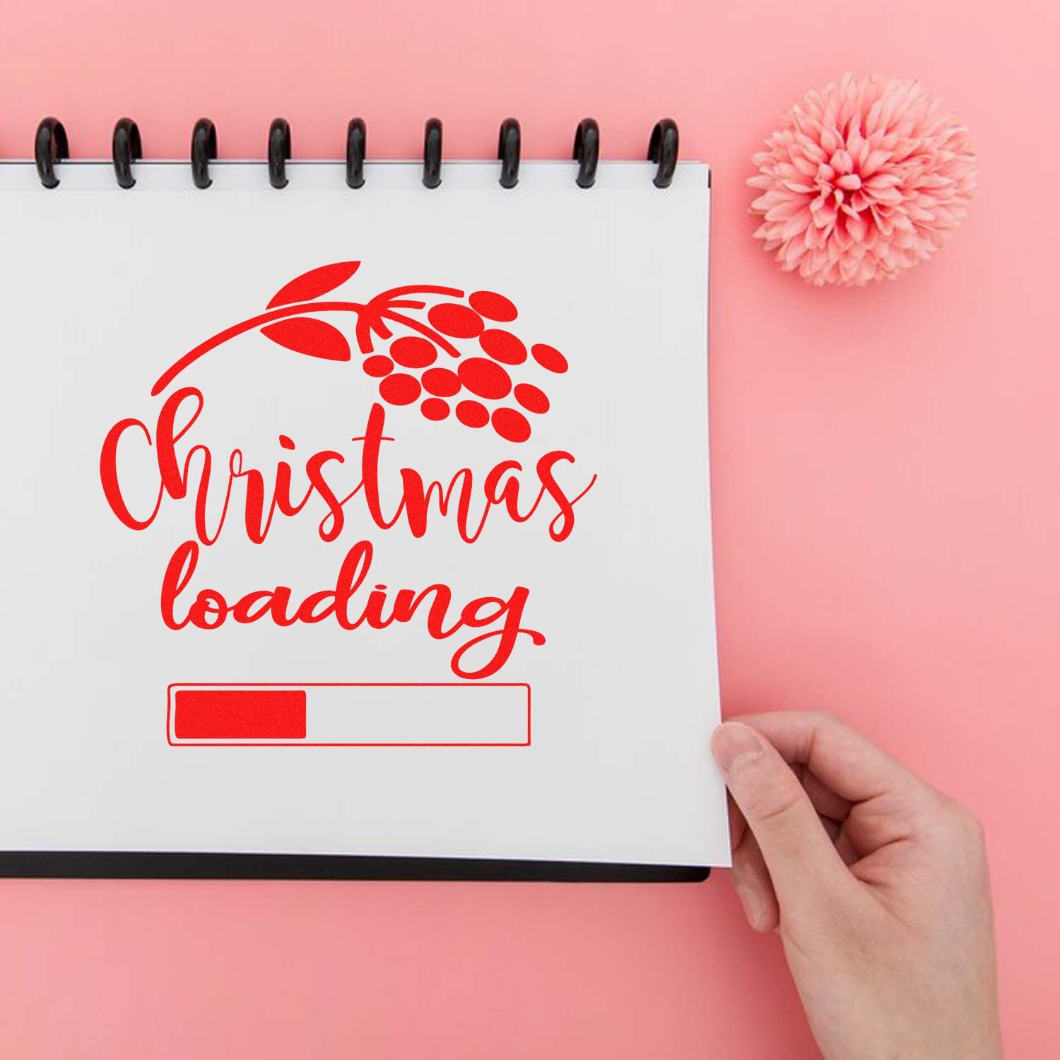 Christmas loading rubber stamp design with red progress bar, perfect for holiday crafts, planners, and festive card making.
