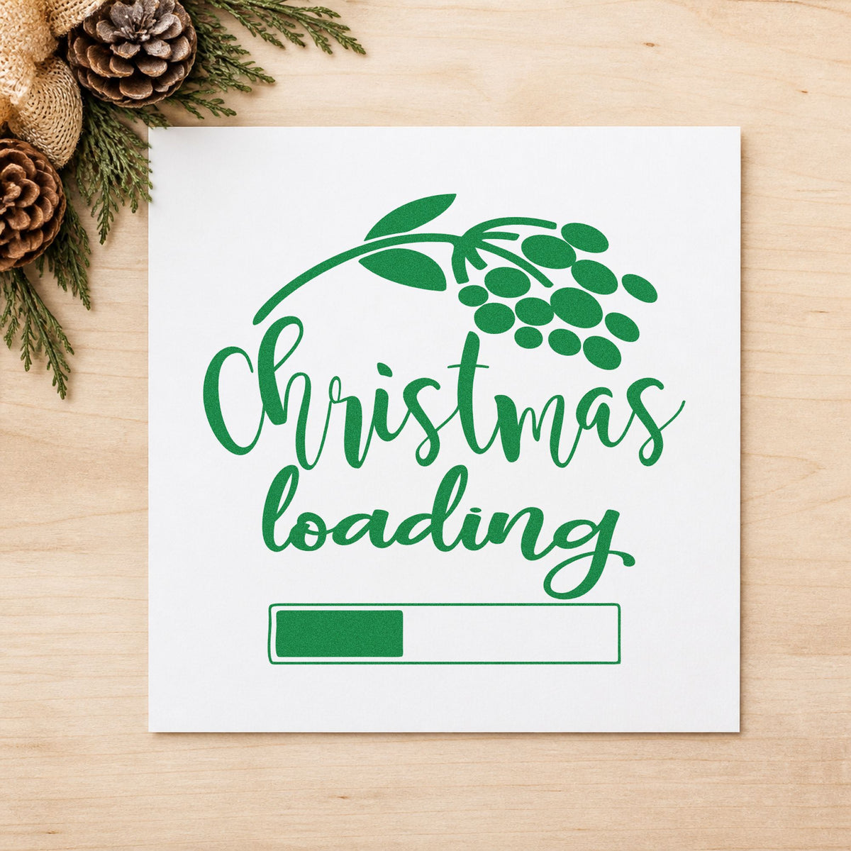 Christmas Loading Berry Branch craft stamp imprinted in green ink on paper, a design suited to framed play wall.