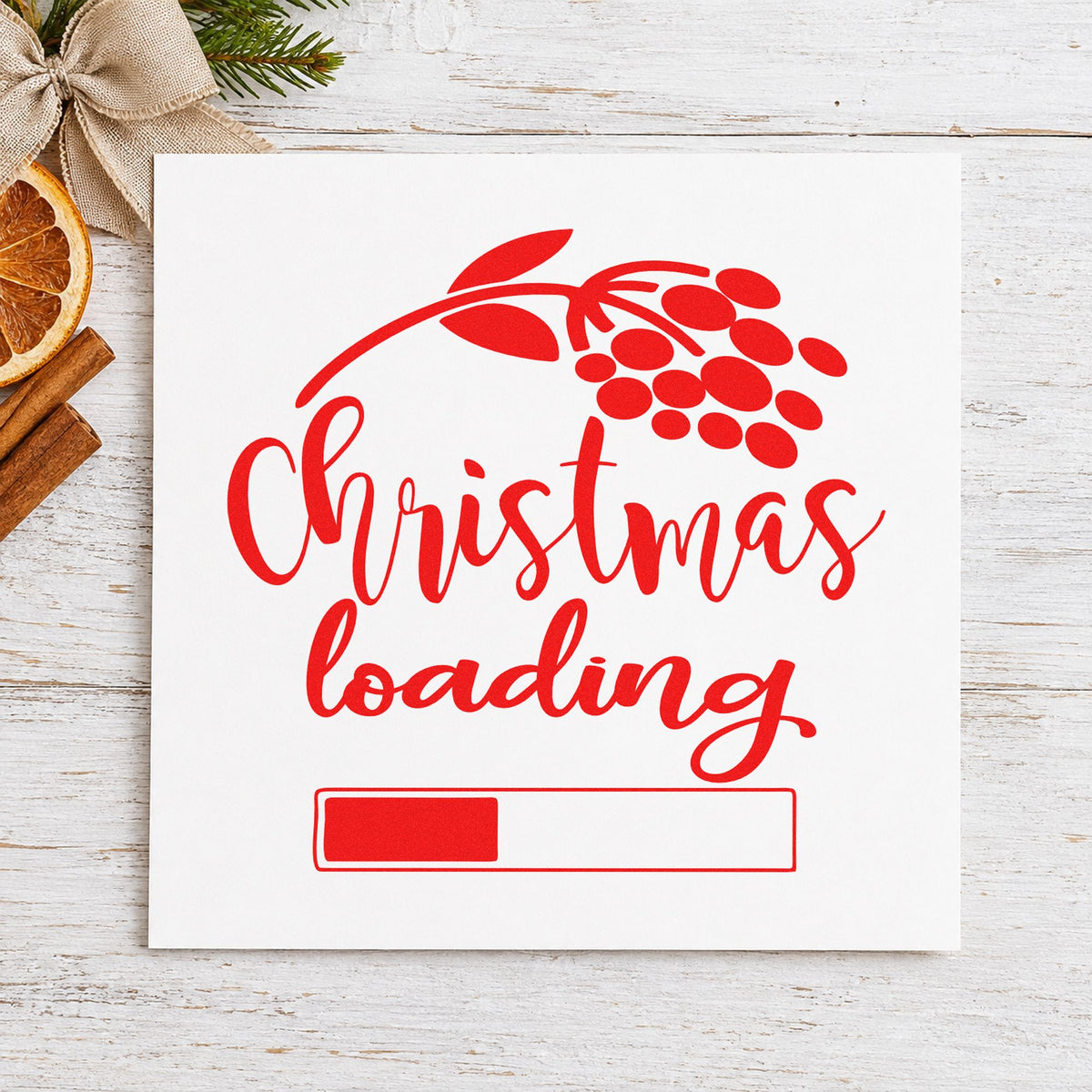 Christmas Loading Berry Branch rubber stamp shown in red ink, stamped for projects such as reward bin labels.