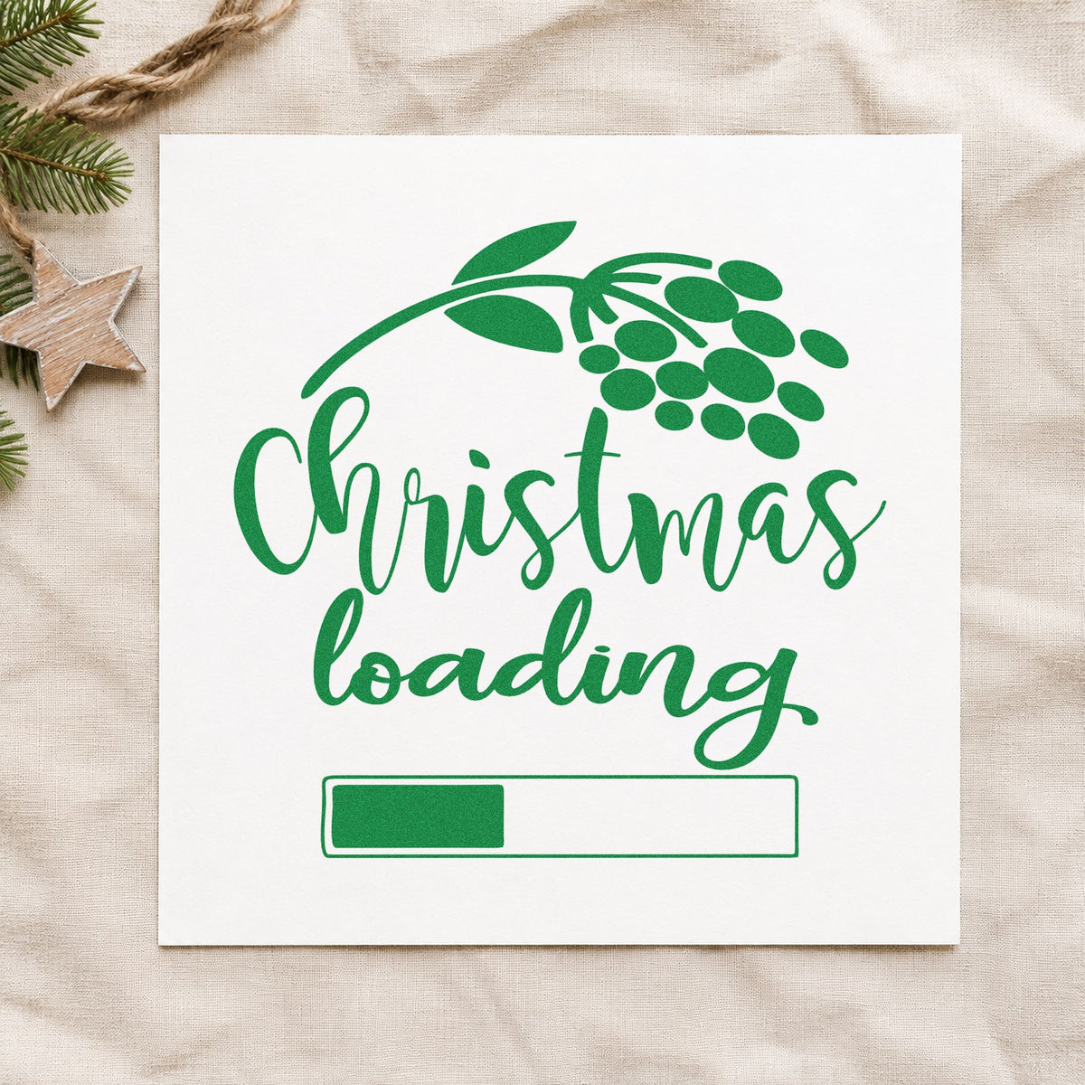 Christmas Loading Berry Branch craft stamp imprint in green ink on a handmade project, one idea being sticker chart cards.