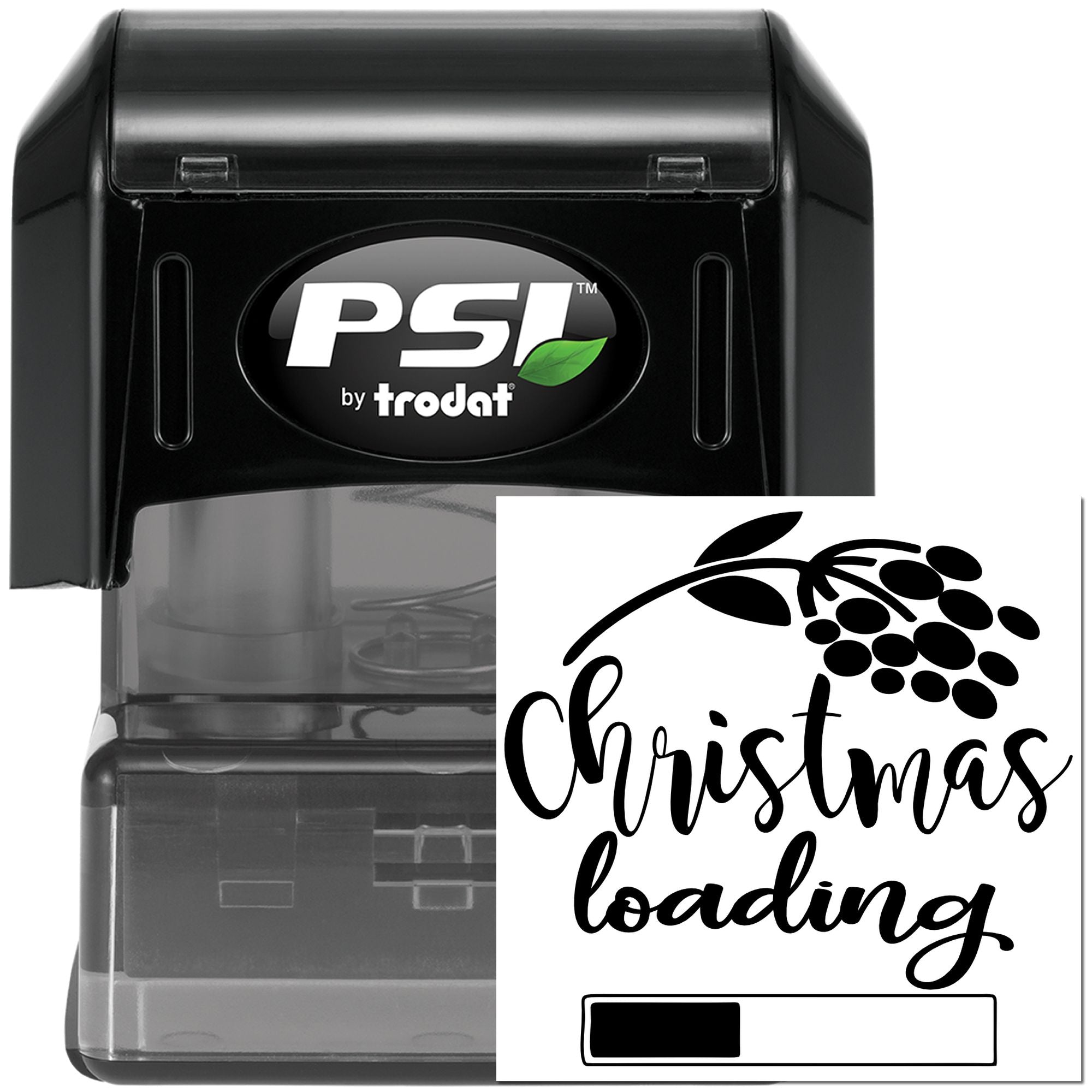 Self-inking Christmas Loading rubber stamp by PSI Trodat, ideal for custom holiday cards and seasonal packaging.