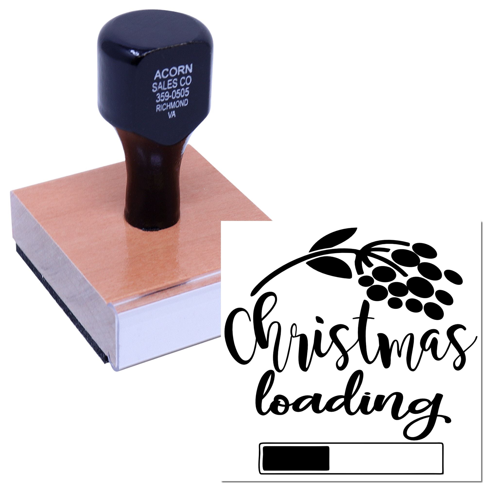 Custom Christmas Loading rubber stamp with grapevine design for holiday cards, packaging, and festive crafts.