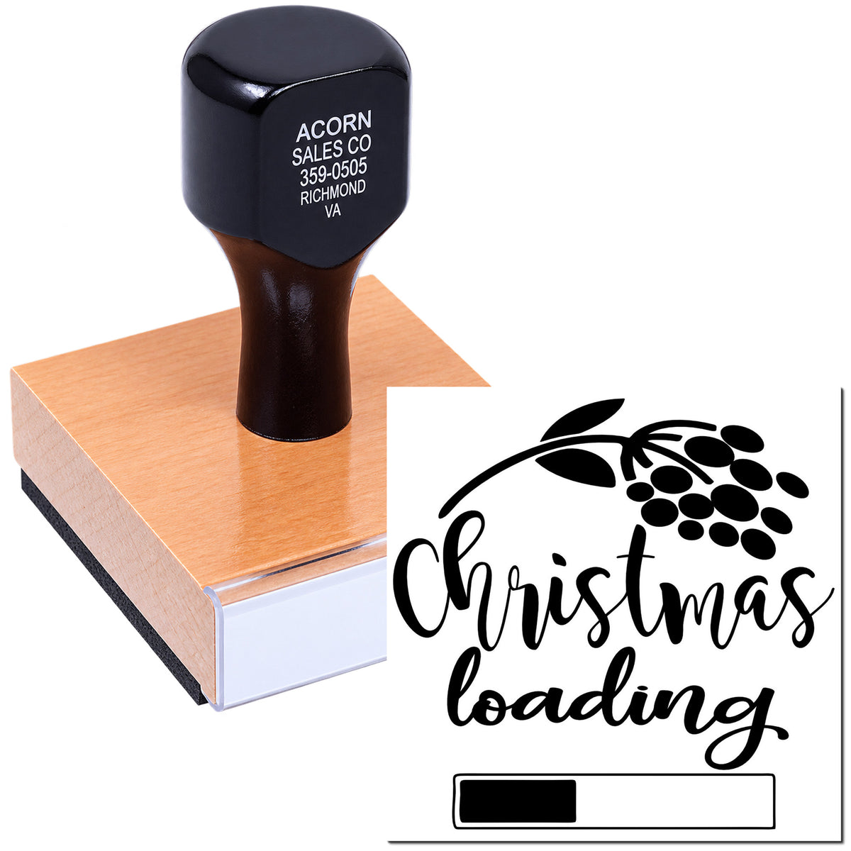 Custom Christmas Loading rubber stamp with grapevine design for holiday cards, packaging, and festive crafts.