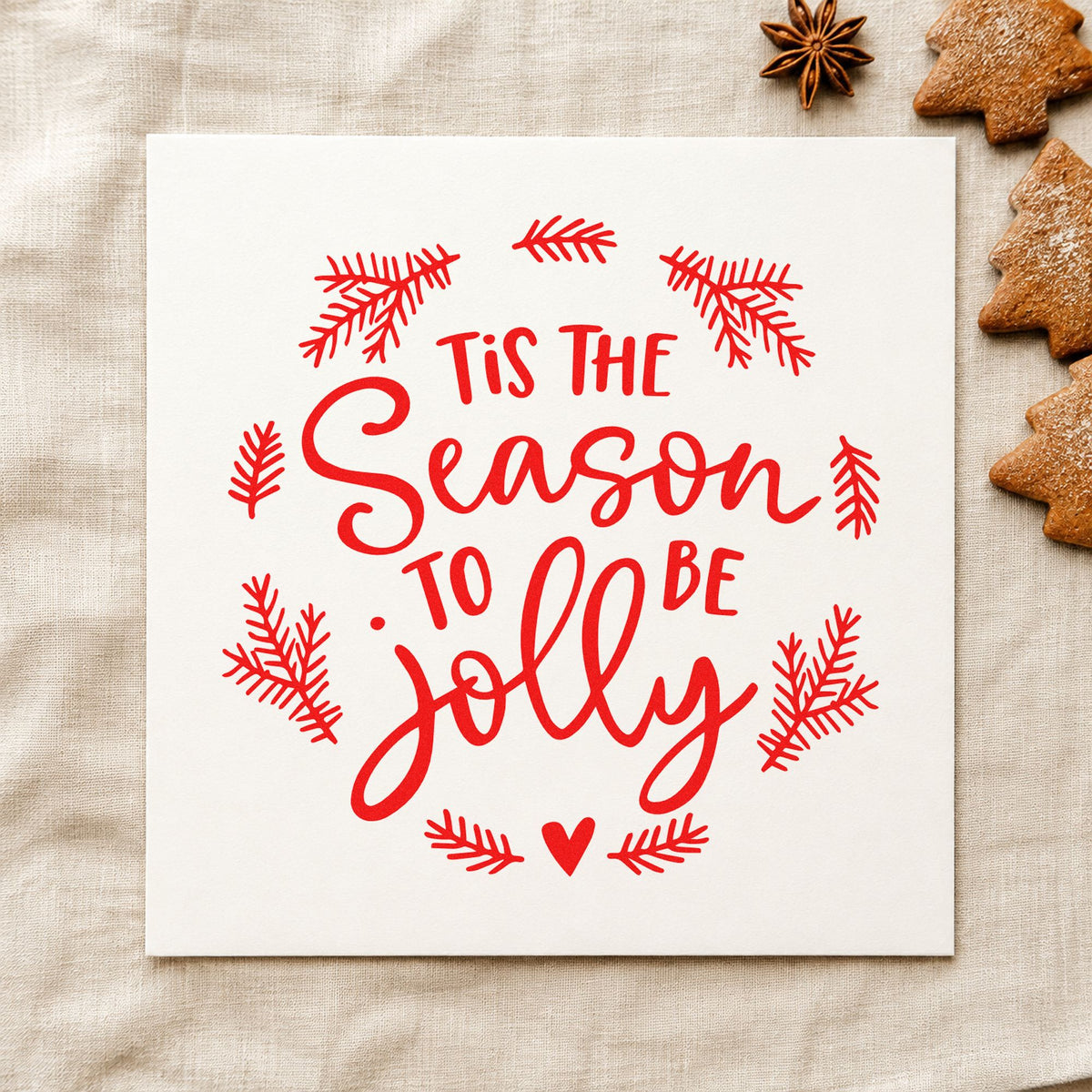 Tis Season To Be Jolly Wreath craft stamp in red ink on cardstock, an easy option for burlap round printing.