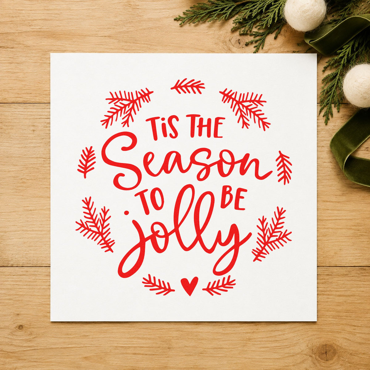 Tis Season To Be Jolly Wreath rubber stamp shown in red ink, stamped for projects such as greens bundle labels.