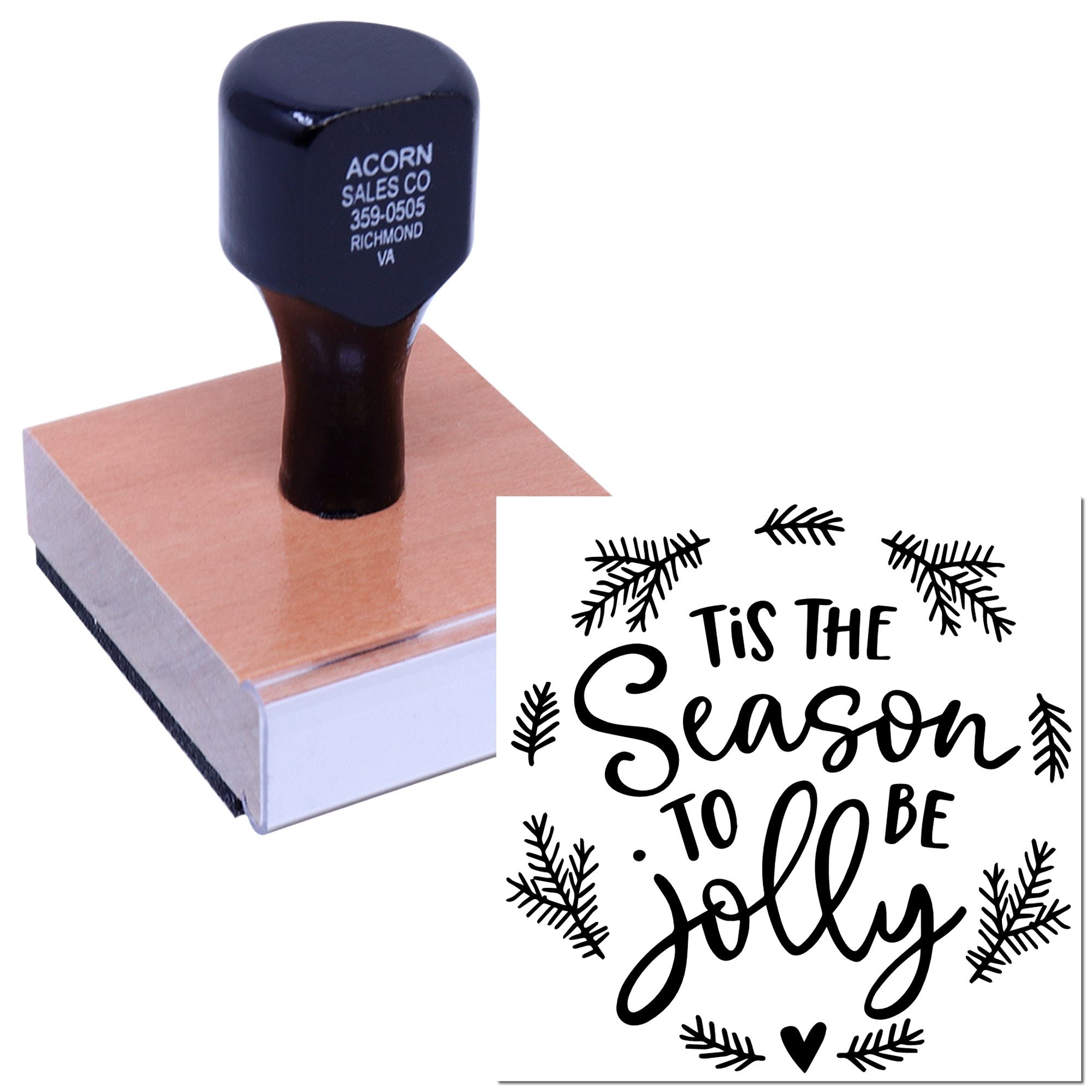 Custom rubber stamp with Tis the Season to Be Jolly holiday greeting and pine branch accents for seasonal crafting.