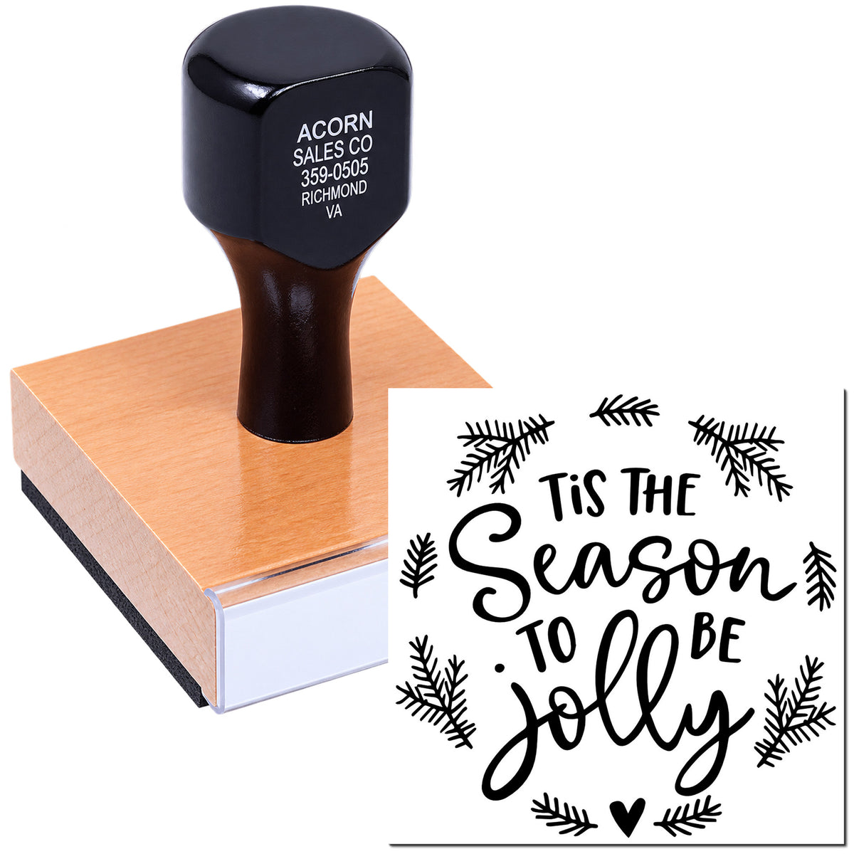 Custom rubber stamp with Tis the Season to Be Jolly holiday greeting and pine branch accents for seasonal crafting.