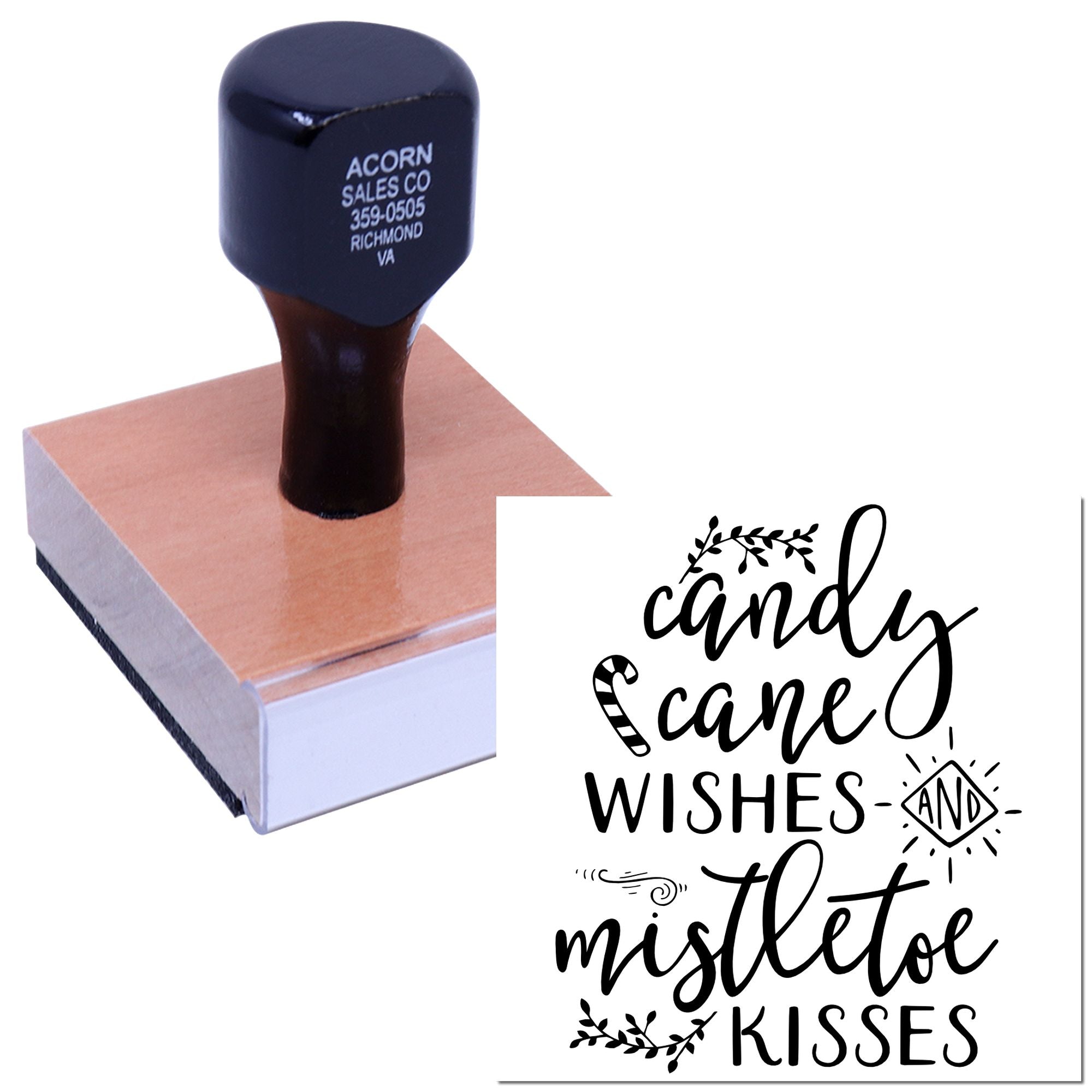 Custom rubber stamp with Candy Cane Wishes and Mistletoe Kisses for Christmas cards, holiday crafts, and gift tags.
