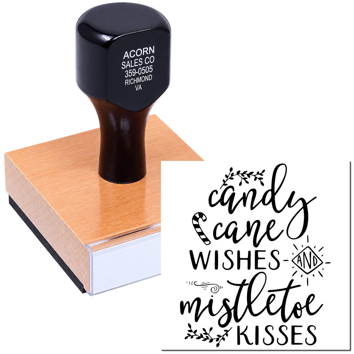 Custom rubber stamp with Candy Cane Wishes and Mistletoe Kisses for Christmas cards, holiday crafts, and gift tags.