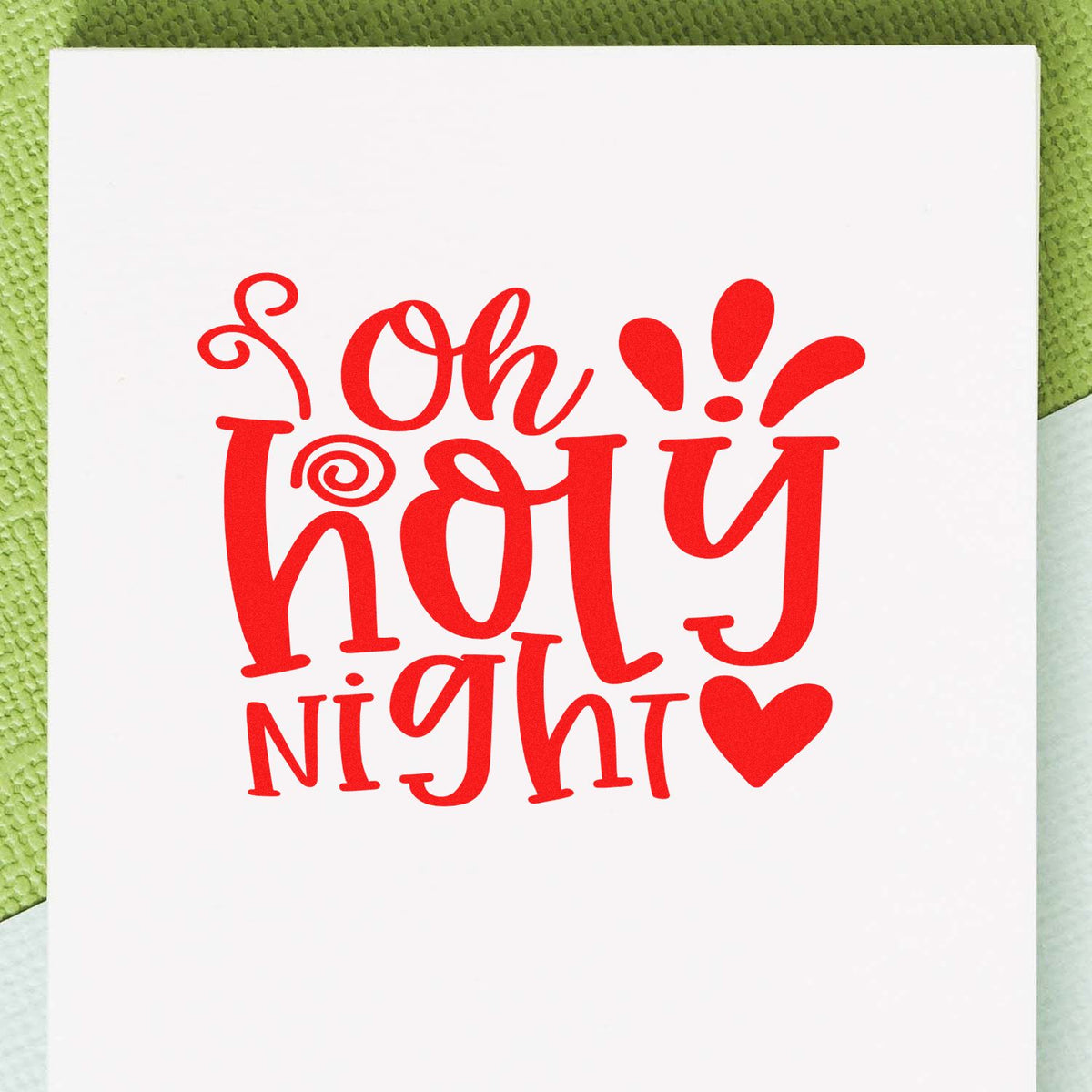 Oh Holy Night Heart rubber stamp shown in red ink, stamped for projects such as service album page.