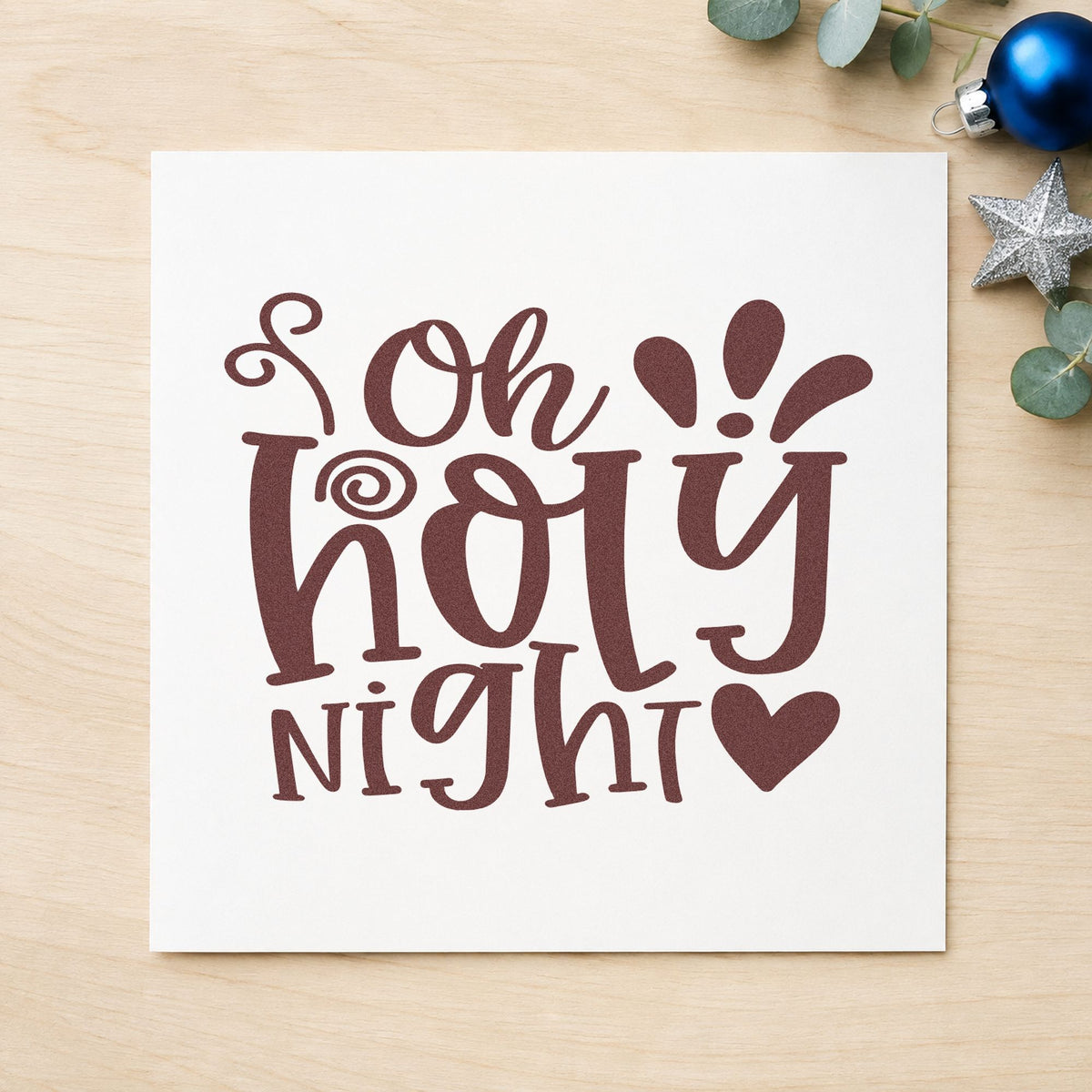 Oh Holy Night Heart rubber stamp printed in brown ink, ready for worship notes sheet and similar paper crafts.