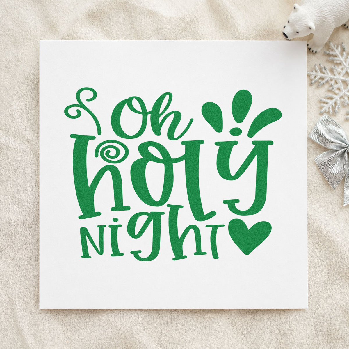 Oh Holy Night Heart craft stamp imprinted in green ink on paper, a design suited to framed chancel wall.