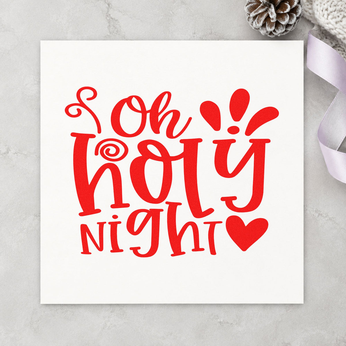 Oh Holy Night Heart rubber stamp shown in red ink, stamped for projects such as score bin labels.