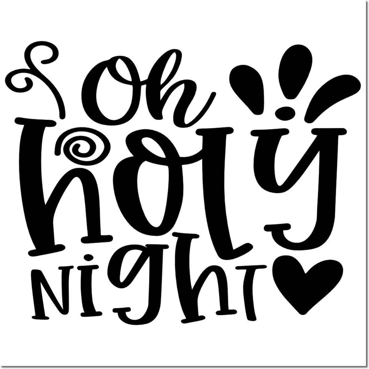 Oh Holy Night decorative Christmas rubber stamp design with bold festive typography, hearts, and playful swirls.