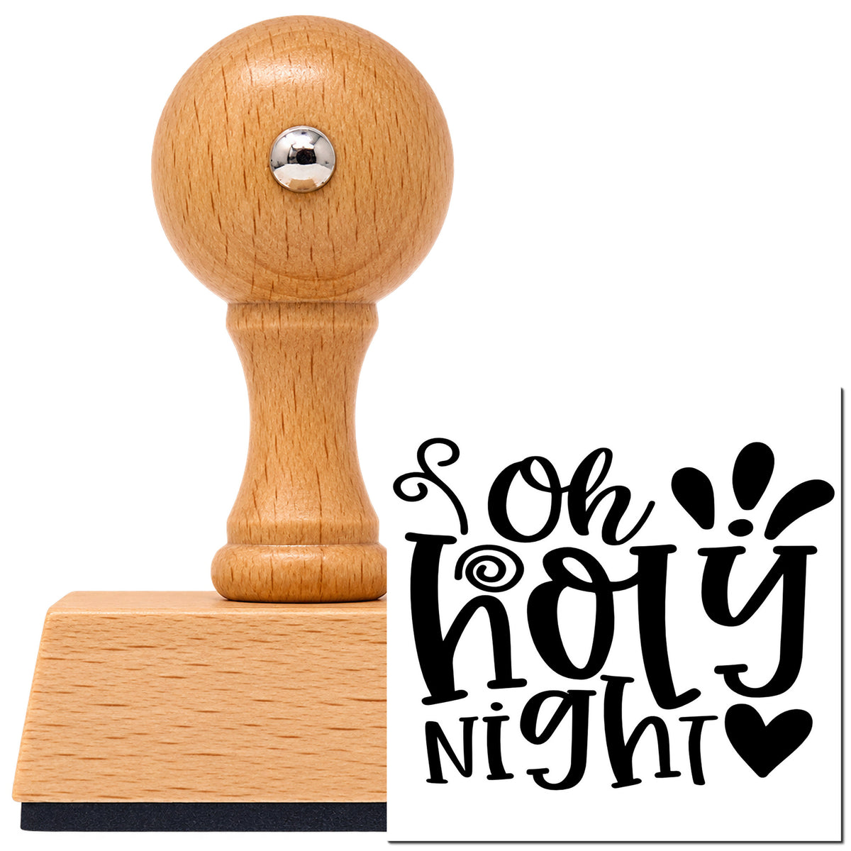 Oh Holy Night Heart Vintage Pro rubber stamp in European beech wood with a round knob handle, shown beside its black imprint.