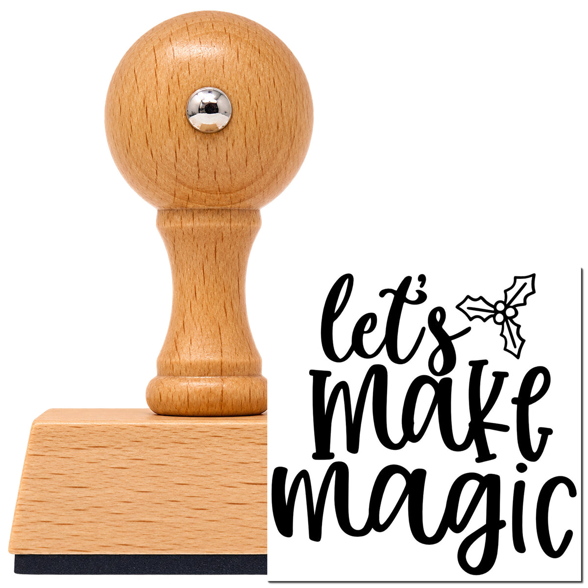 Let's Make Magic Holly Vintage Pro rubber stamp in European beech wood with a round knob handle, shown beside its black imprint.
