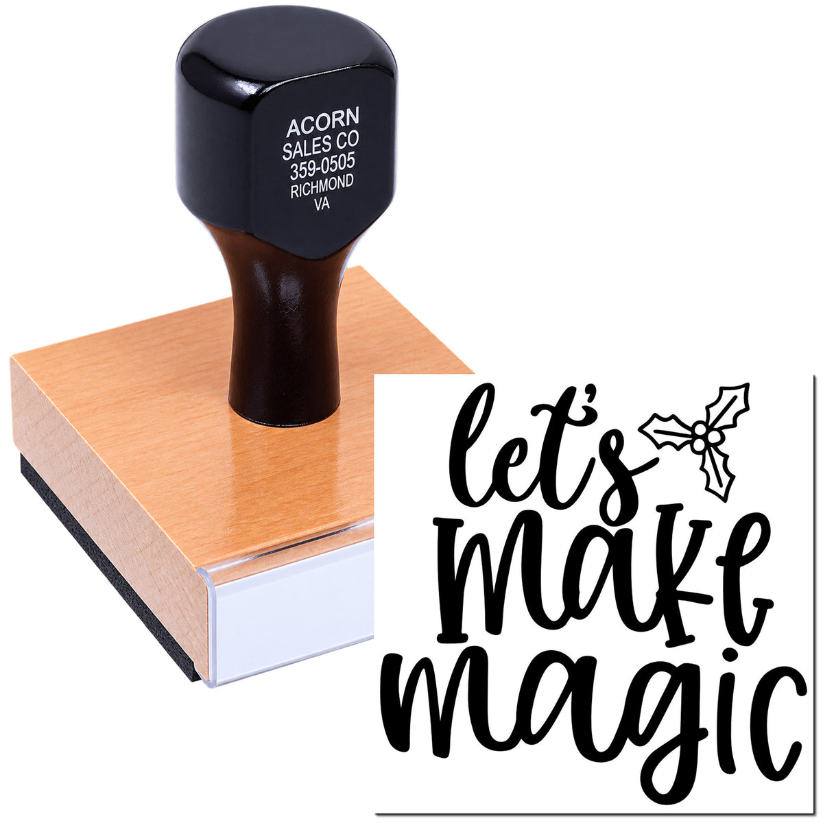 Mounted custom rubber stamp with Lets Make Magic holiday design for greeting cards, crafts, and business branding.