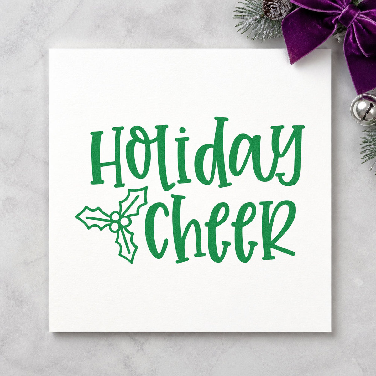 Holiday Cheer Holly craft stamp imprint in green ink on a handmade project, one idea being corporate gift cards.