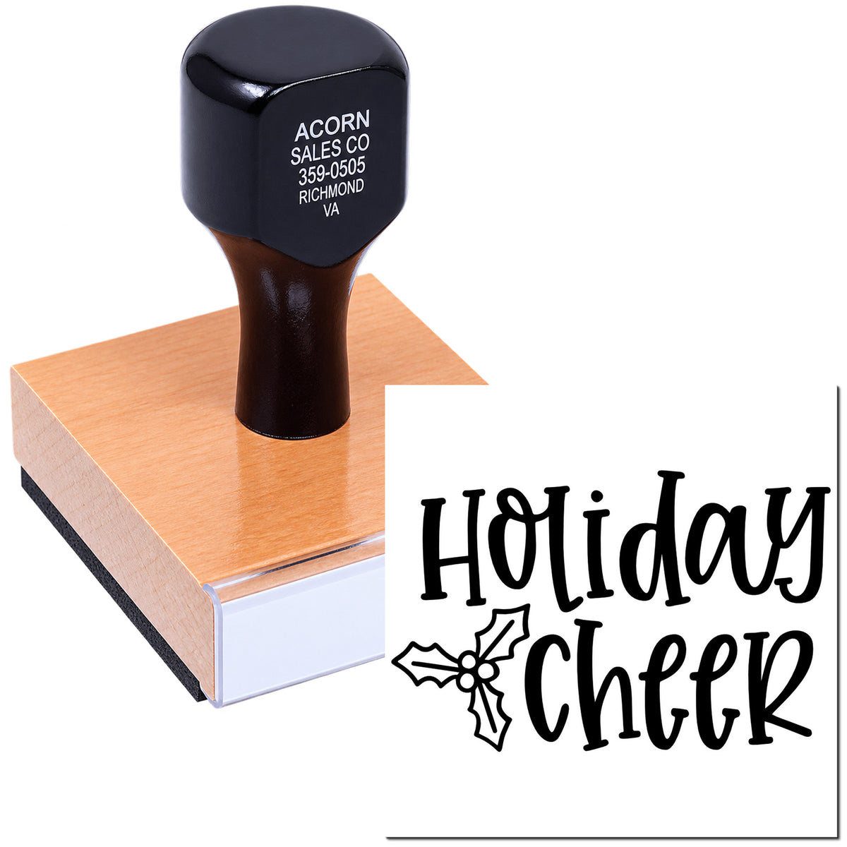 Holiday Cheer rubber stamp with holly design for festive cards, scrapbooking, and holiday packaging.