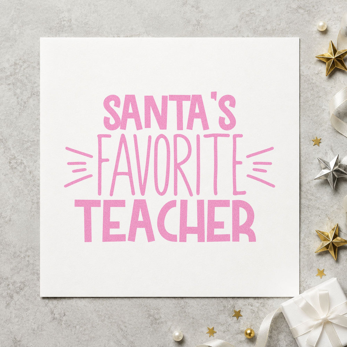 Santa's Favorite Teacher craft stamp in purple ink on cardstock, an easy option for award album page.