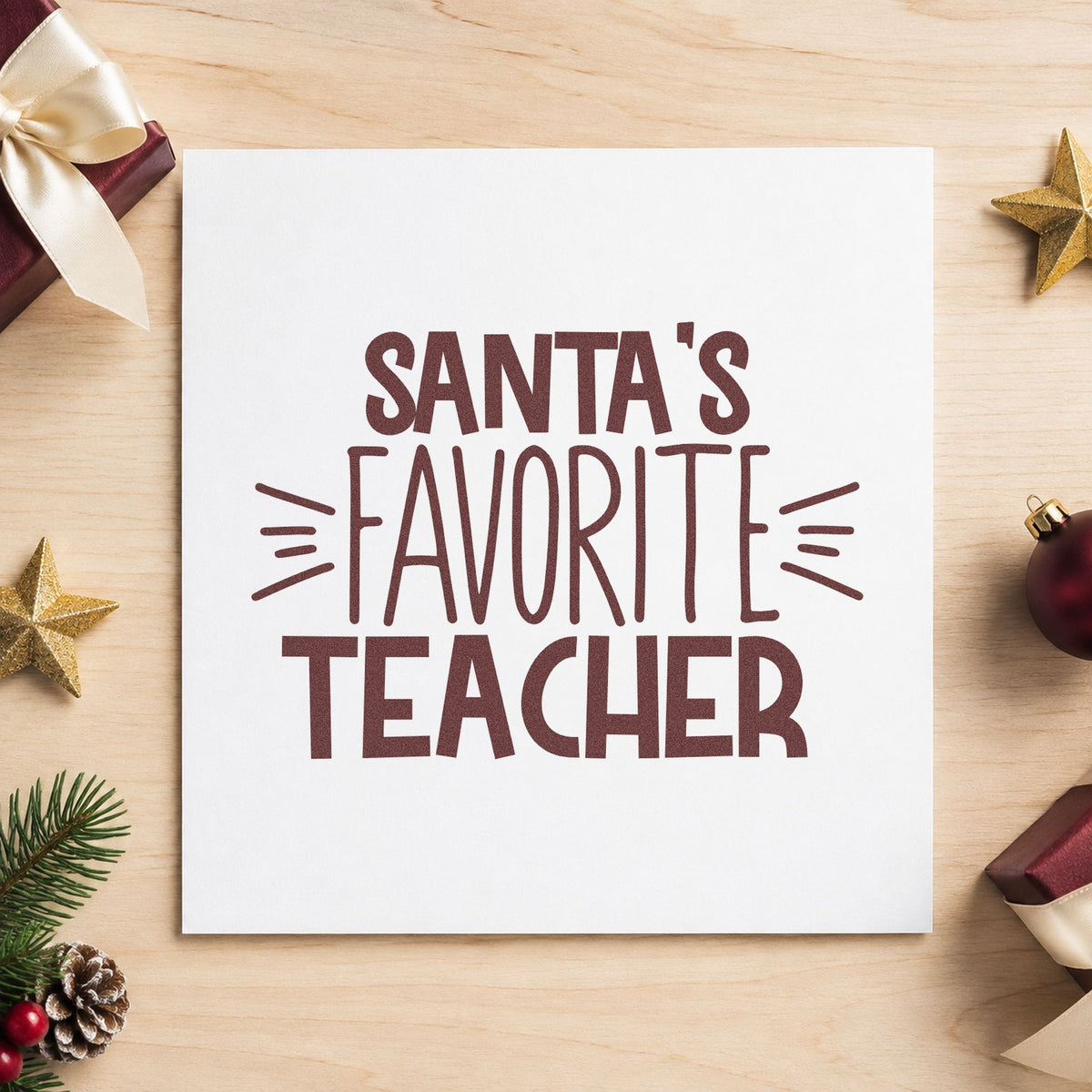 Santa's Favorite Teacher rubber stamp printed in brown ink, ready for nomination sheet and similar paper crafts.