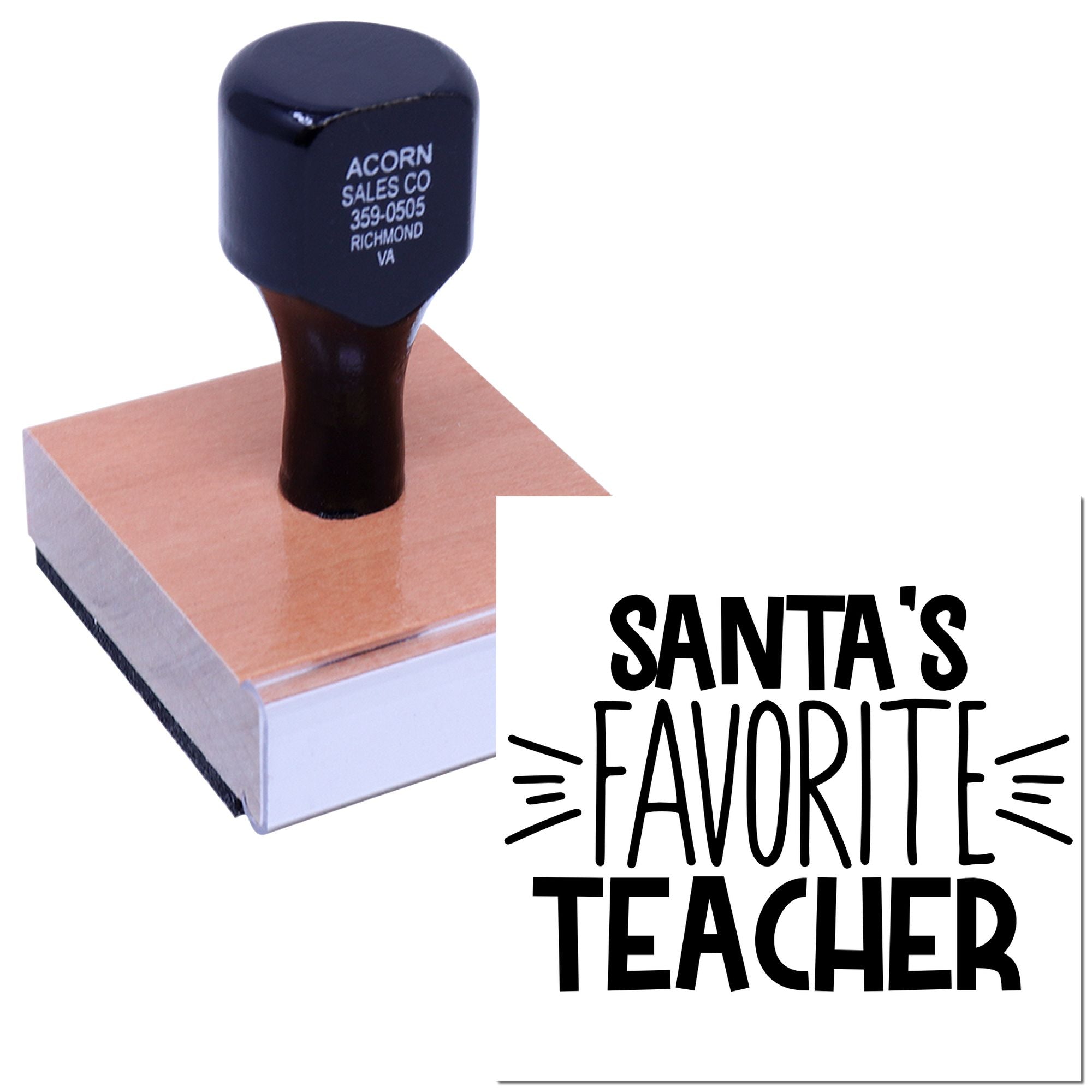 Santas Favorite Teacher rubber stamp for holiday gift marking, shown with a custom wood-handled stamp design.