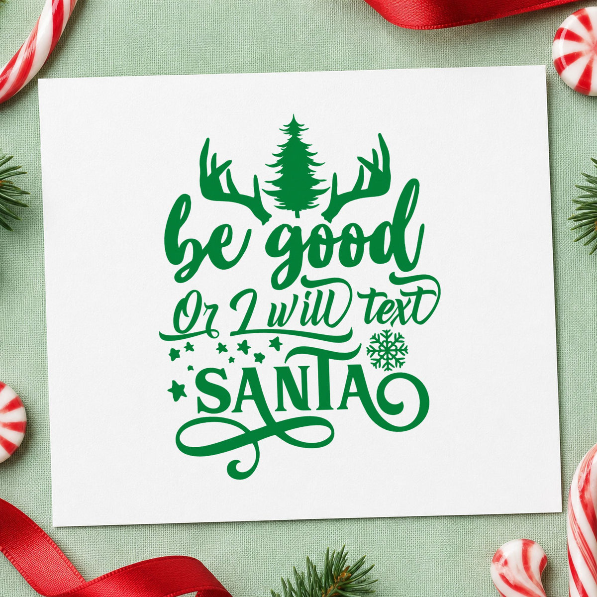 Be Good Text Santa Antlers craft stamp imprint in green ink on a handmade project, one idea being reward chart tags.