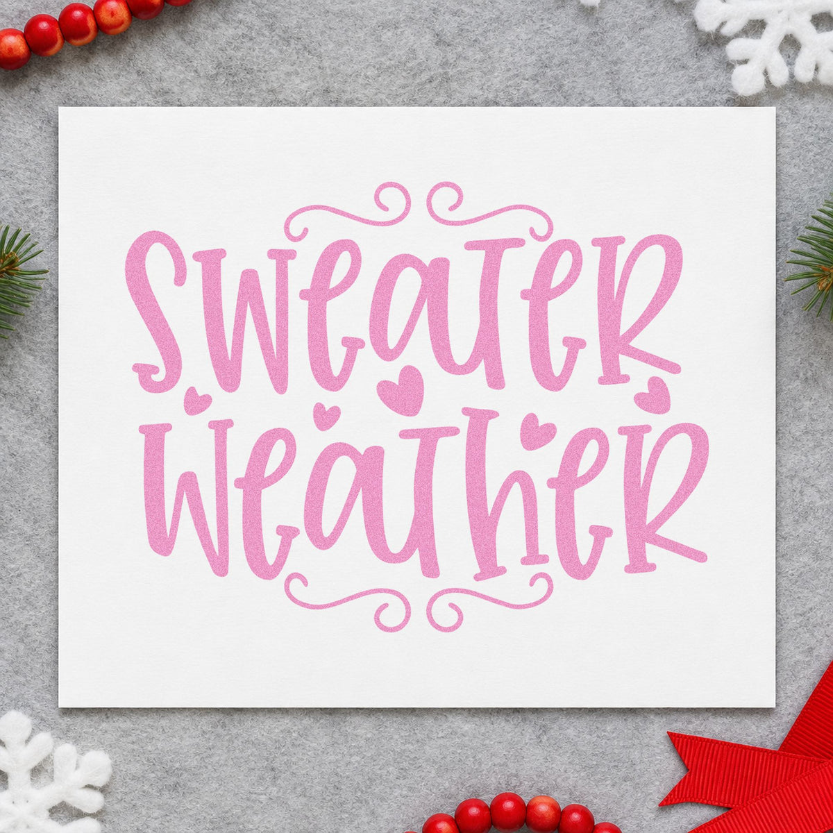 Sweater Weather Hearts craft stamp in purple ink on cardstock, an easy option for thrift haul album.
