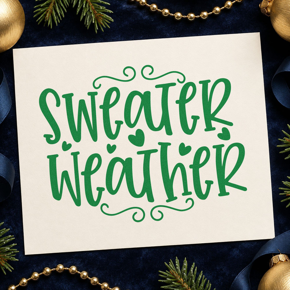 Sweater Weather Hearts craft stamp imprinted in green ink on paper, a design suited to framed dressing nook.