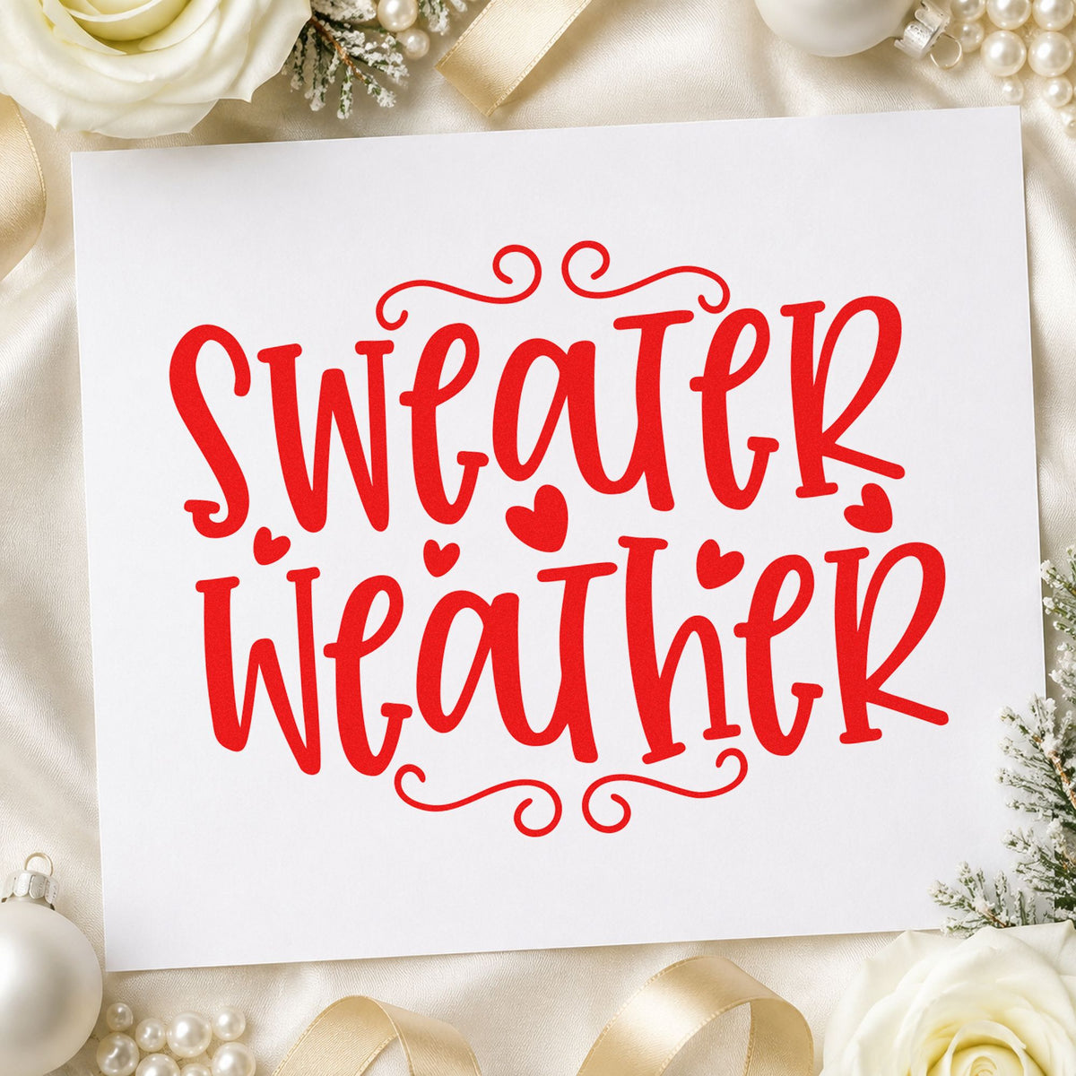 Sweater Weather Hearts rubber stamp shown in red ink, stamped for projects such as bin size labels.