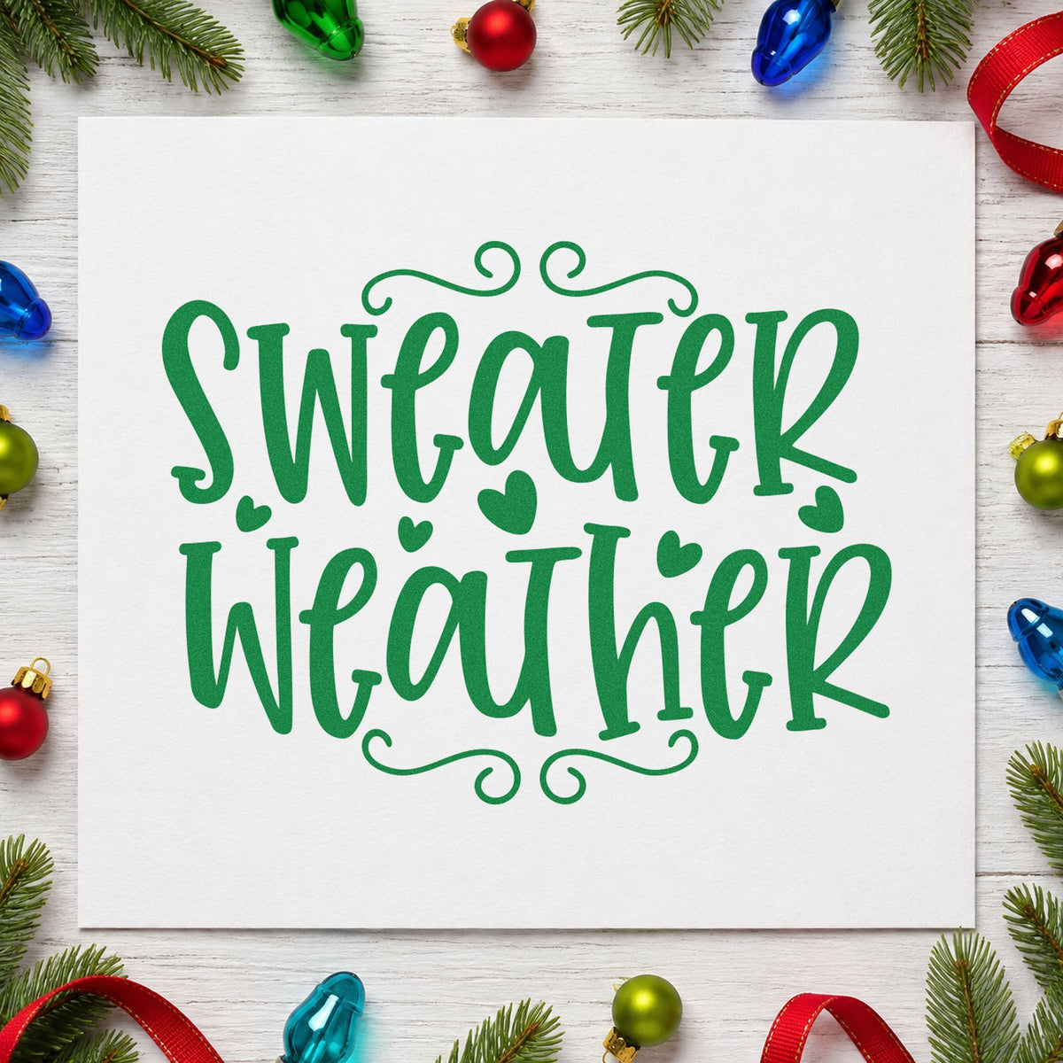Sweater Weather Hearts craft stamp imprint in green ink on a handmade project, one idea being swap event cards.