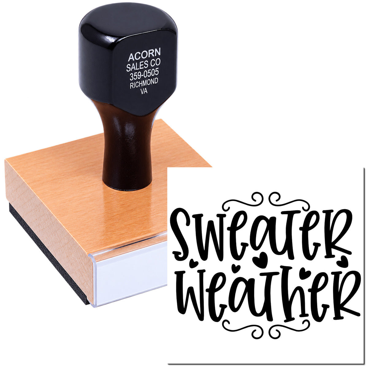 Custom mounted rubber stamp with Sweater Weather design for seasonal crafts, scrapbooking, and handmade packaging.