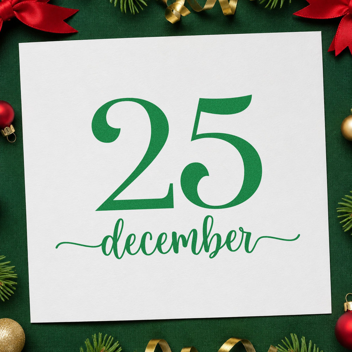 December Twenty Five craft stamp imprint in green ink on a handmade project, one idea being dated gift tags.
