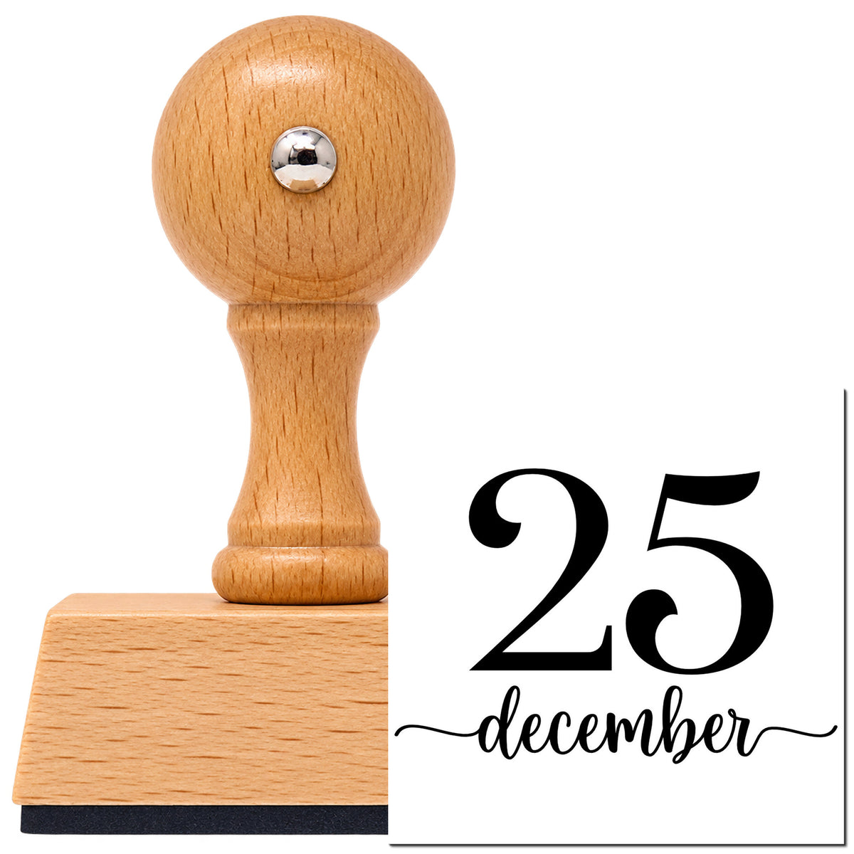 December Twenty Five Vintage Pro rubber stamp in European beech wood with a round knob handle, shown beside its black imprint.