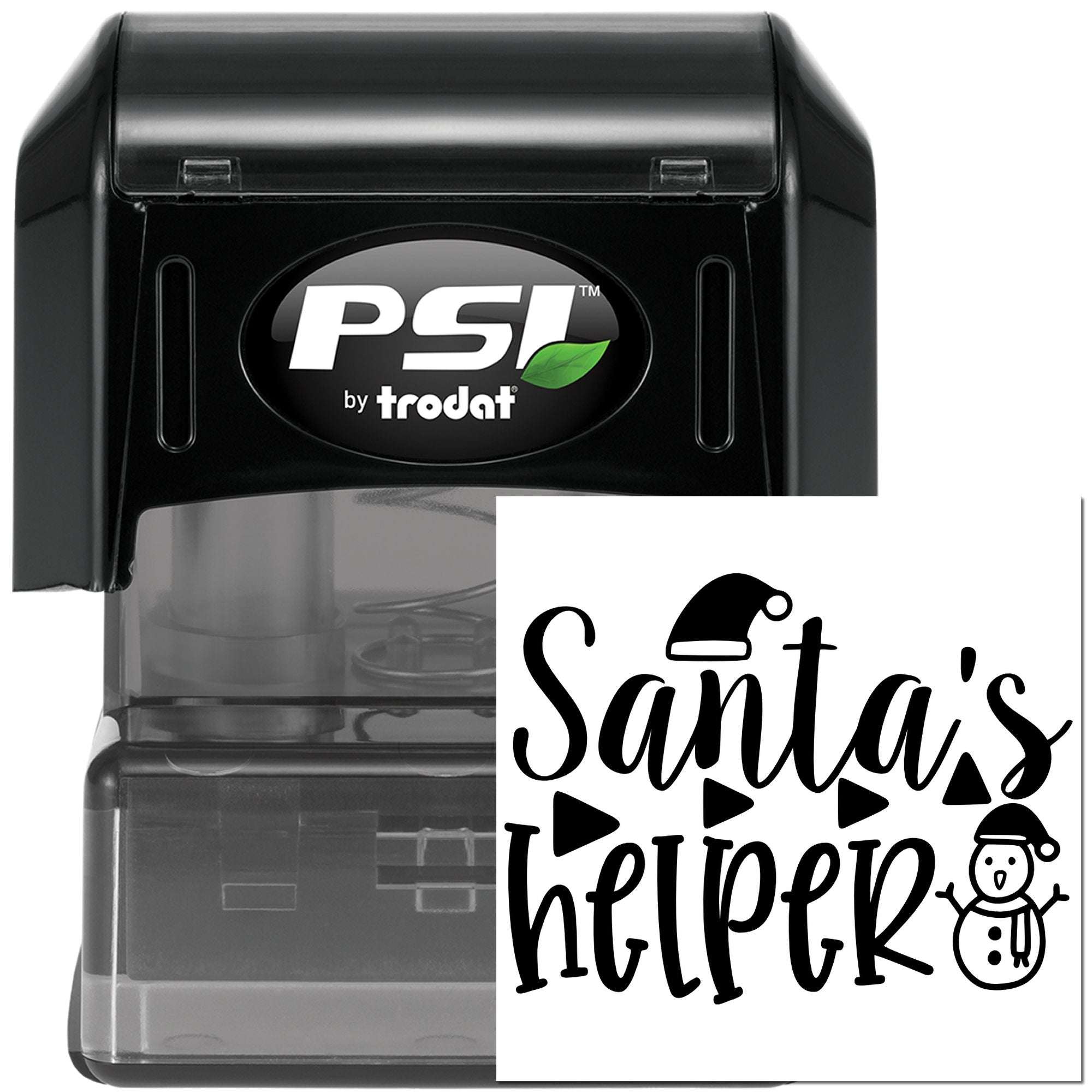 Self-inking PSI by Trodat rubber stamp with Santa's Helper Christmas design for holiday crafts and packaging.