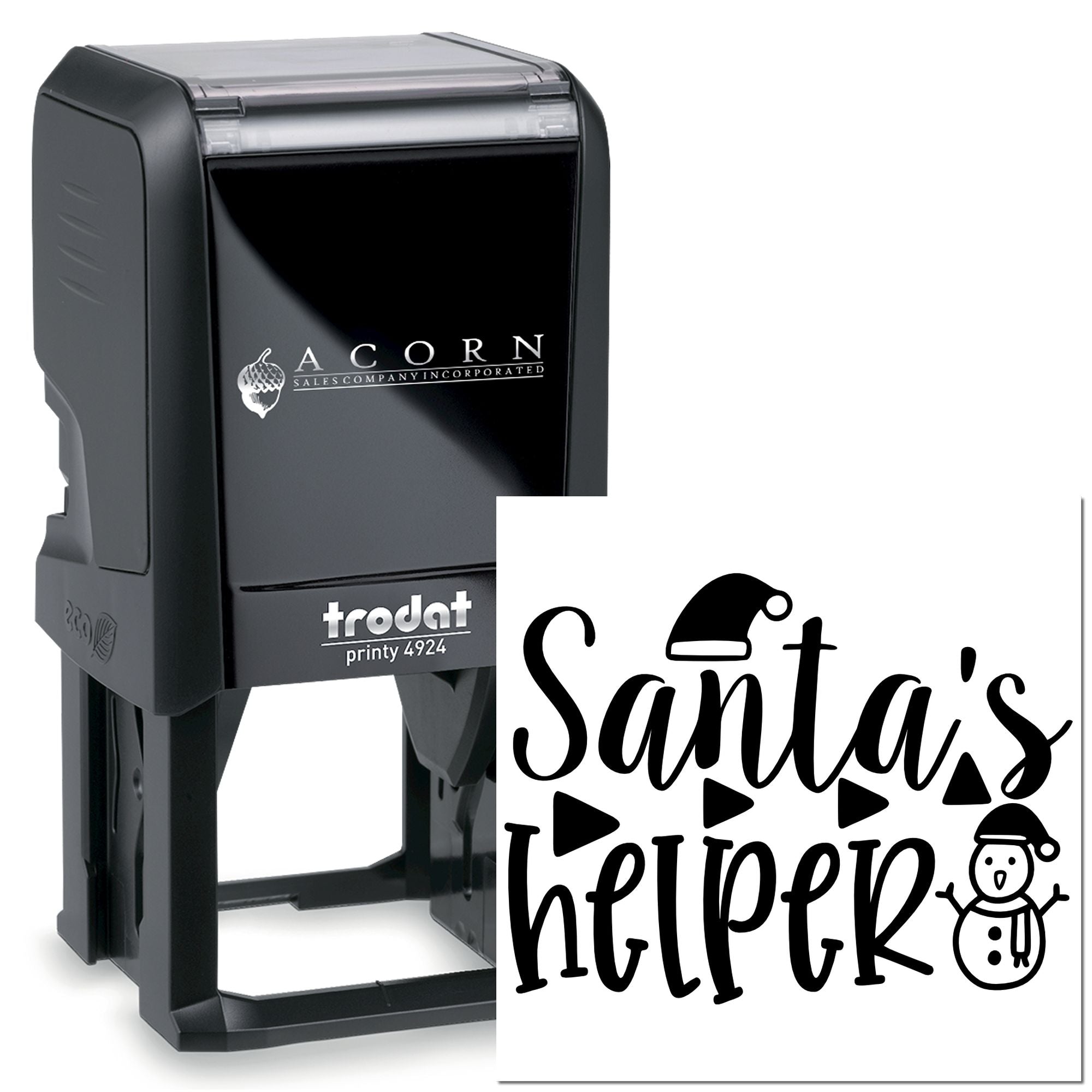 Trodat Printy 4924 custom self-inking rubber stamp with Santas Helper Christmas design for festive business packaging