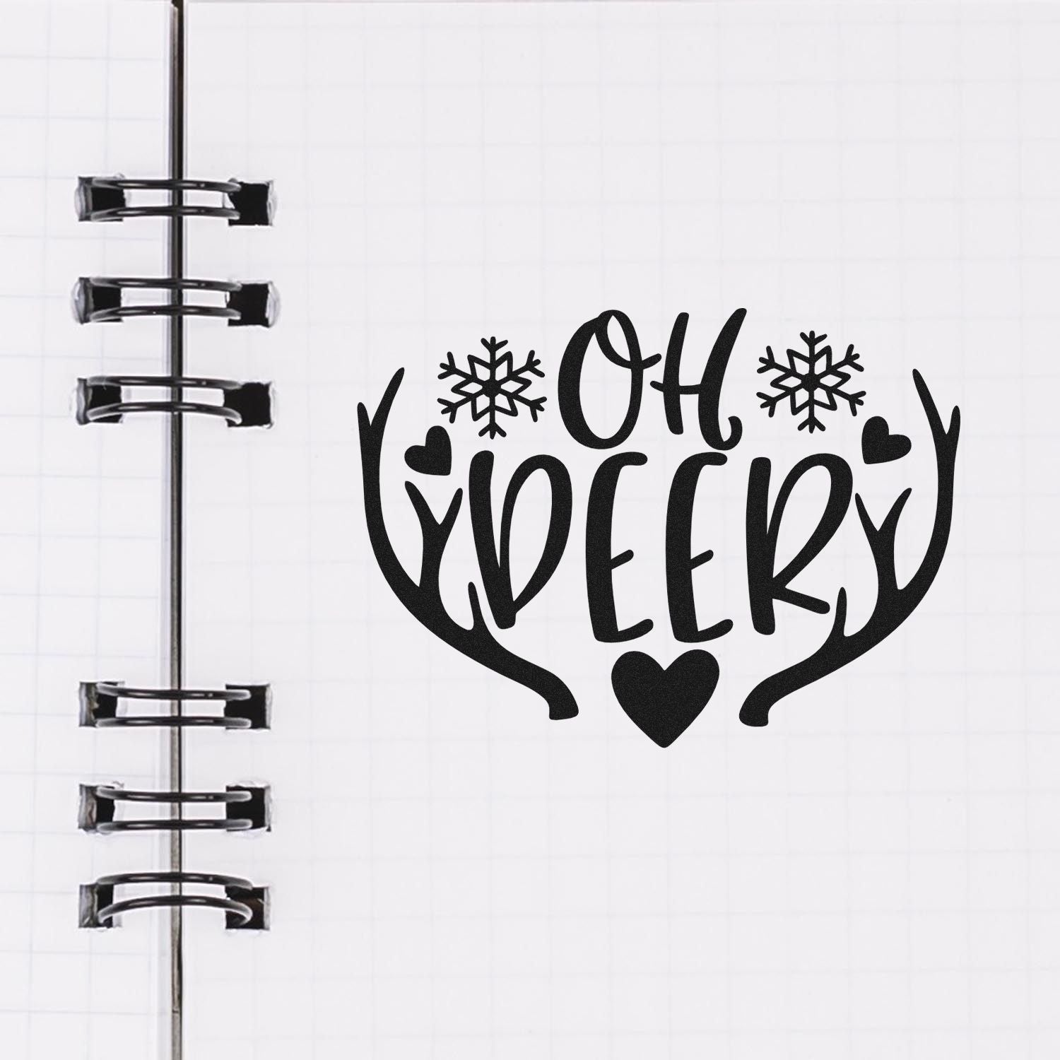 Christmas rubber stamp design with playful Oh Heeey lettering, antlers, snowflakes, and hearts for holiday crafts.